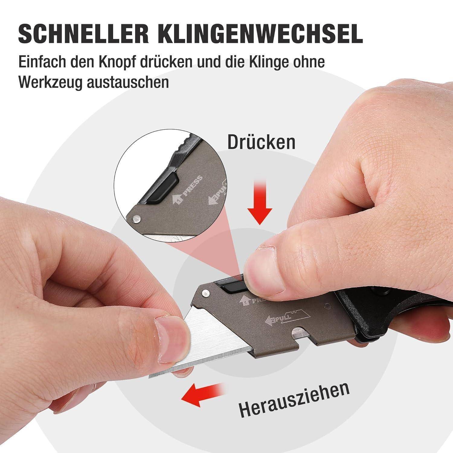Eine Hand zeigt das Betätigen eines Knopfes zum Auswechseln der Klinge an einem Universalmesser, mit Pfeilen, die 'Drücken' und 'Herausziehen' markieren.