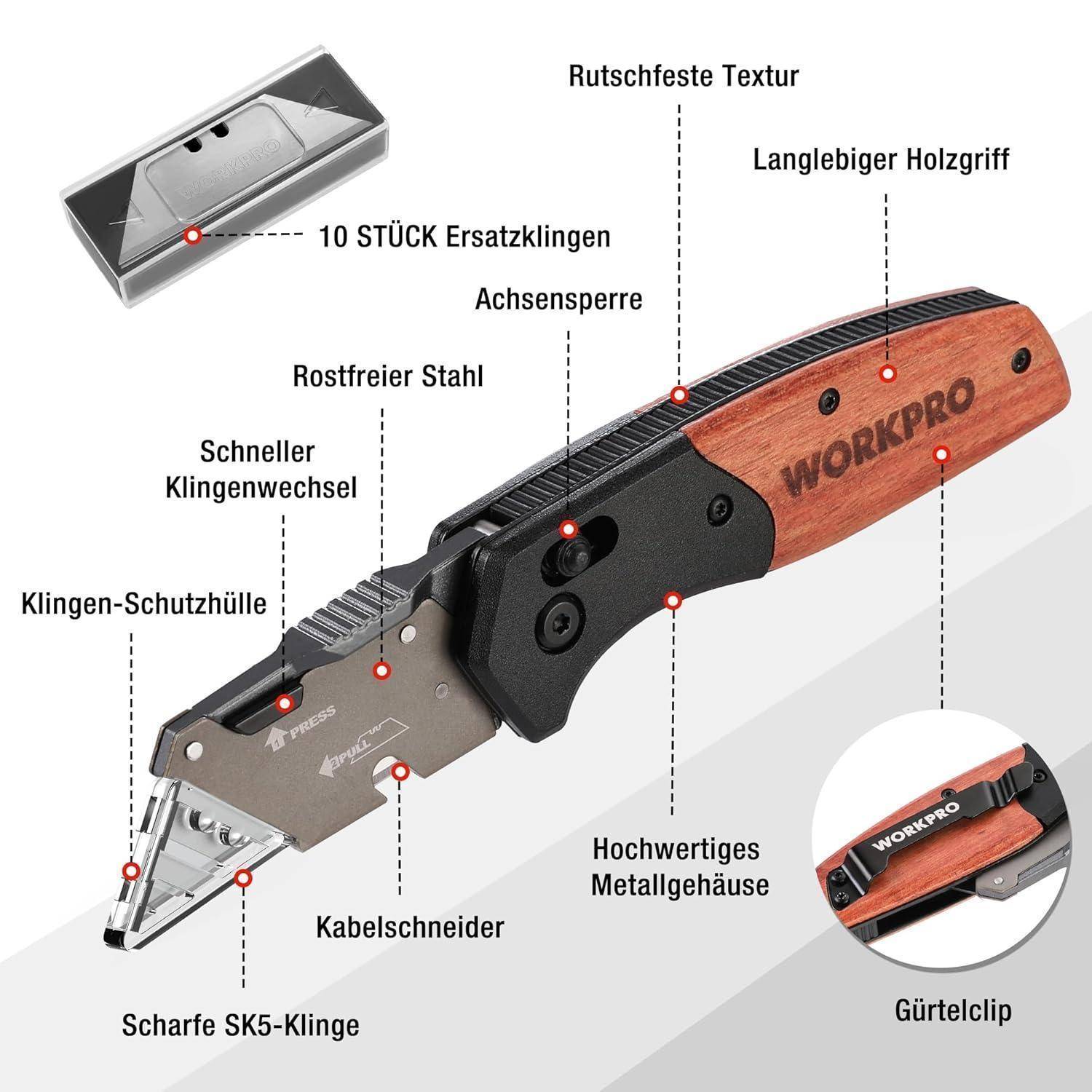 Universalmesser mit einem Holzgriff, ausgestattet mit einer einziehbaren Klinge, Sicherheitsverschluss und einem Fach für Ersatzklingen. Der Text hebt die Designmerkmale hervor.