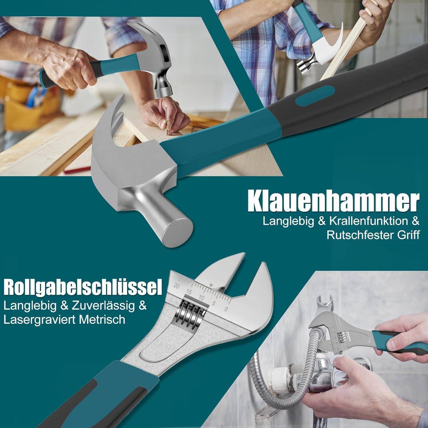 Eine Collage, die einen Klauenhammer und einen verstellbaren Schraubenschlüssel zeigt. Der Text betont Haltbarkeit, rutschfesten Griff und metrische Lasergravur.