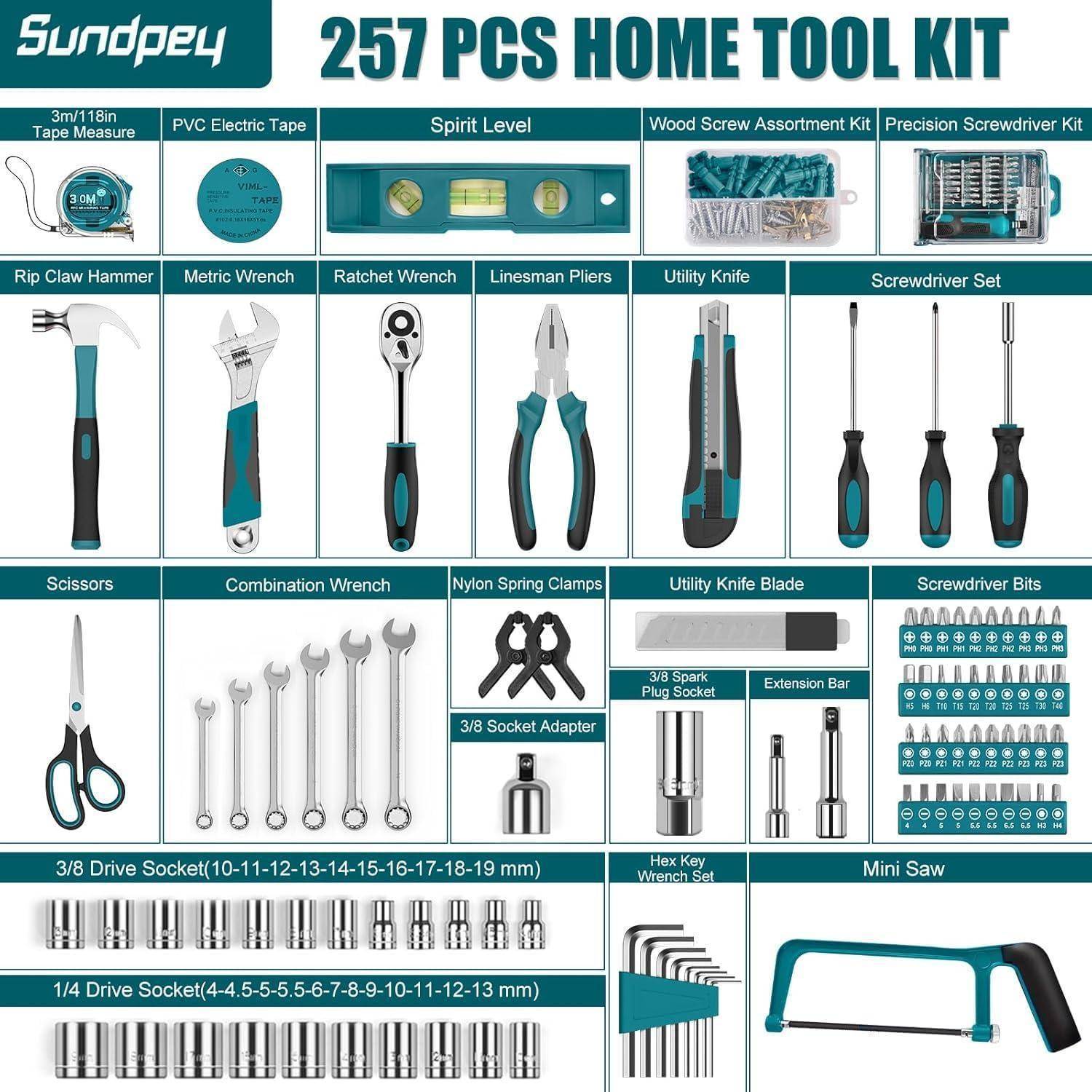 257-teiliges Haushalts-Werkzeugset' enthält Hammer, Zangen, Schraubenschlüssel, Universalmesser, Schraubendrehersatz, Maßband, Steckschlüssel und Säge. Ideal für Reparaturen.