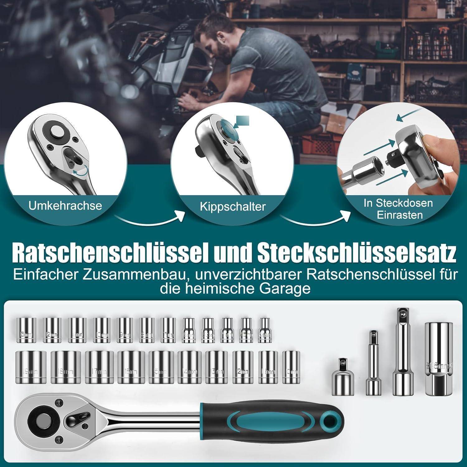Ein Mann benutzt einen Ratschensatz. Der Text beschreibt wesentliche Merkmale: ‚Umkehrachse', ‚Kippschalter', ‚In Steckdosen Einrasten', mit Bildern hervorgehoben.