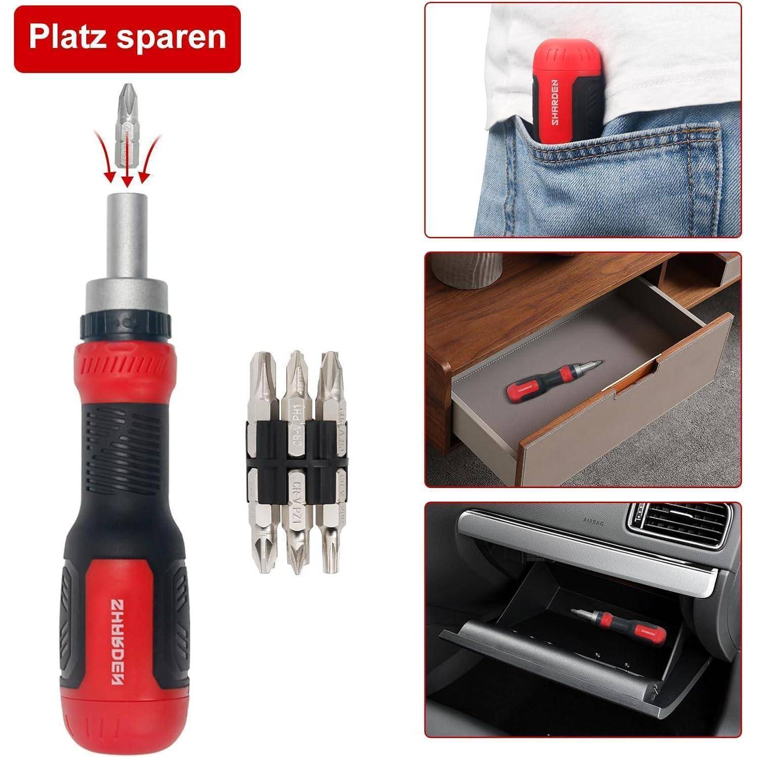 Mehrbitzschraubendreher-Set im kompakten Design, das in die Tasche, Schublade oder Handschuhfach passt. Inklusive Bithalterung und austauschbaren Einsätzen.