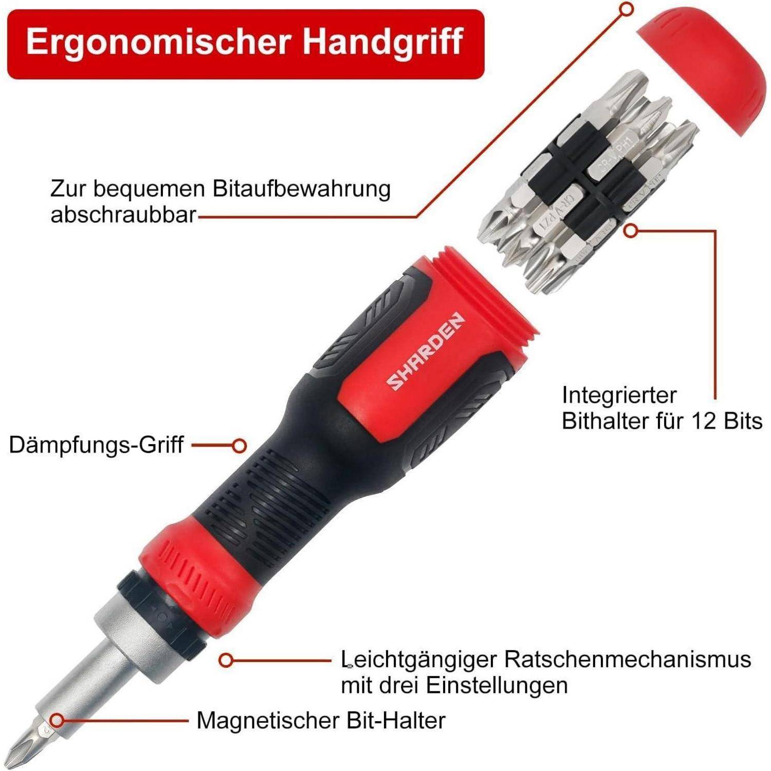 Ein rot-schwarzer Ratschenschraubendreher mit ergonomischem Griff und magnetischem Bithalter, der einen abnehmbaren Griff und integrierte Bitspeicherung präsentiert. Deutsche Etiketten beschreiben die Funktionen.