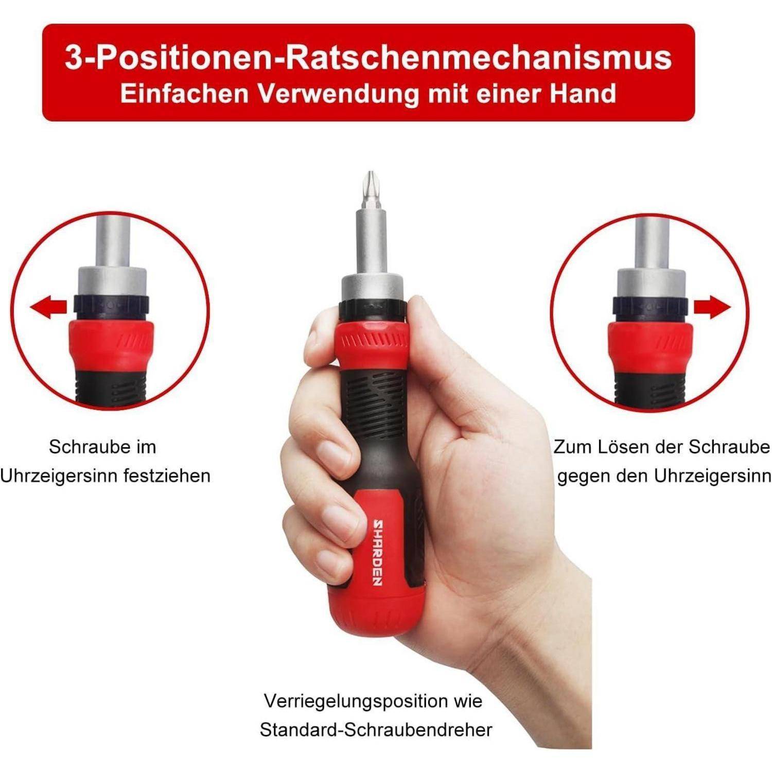 Eine Hand hält einen rot-schwarzen Ratschenschraubendreher in drei Positionen: im Uhrzeigersinn zum Anziehen, gegen den Uhrzeigersinn zum Lösen und in der Sperrposition für den Standardeinsatz. Der deutsche Text erklärt jede Position.