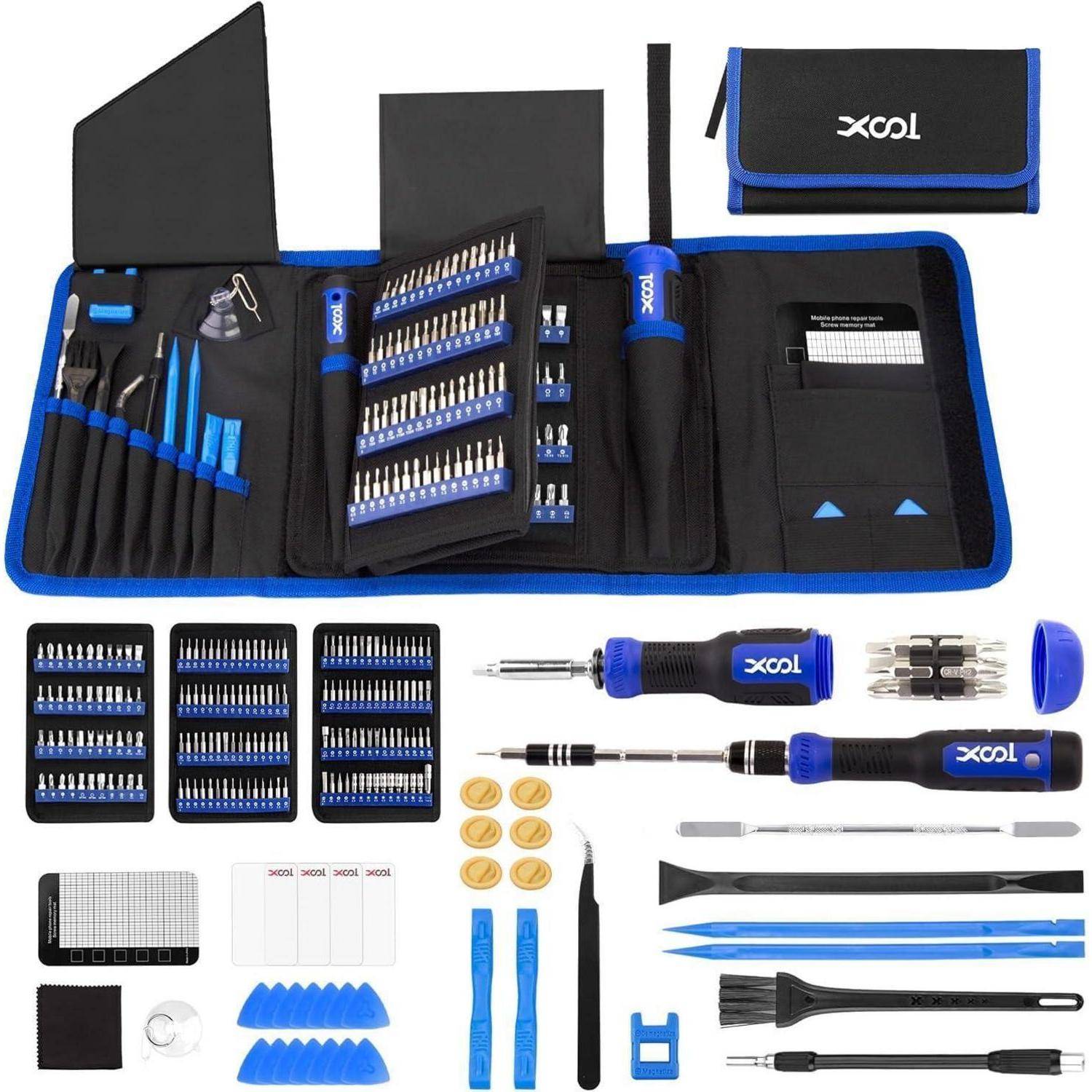 Elektronik-Reparaturset mit verschiedenen Werkzeugen, Präzisionsschraubenziehern, Pinzetten und Zubehör, ordentlich in einem blau-schwarzen Etui angeordnet.