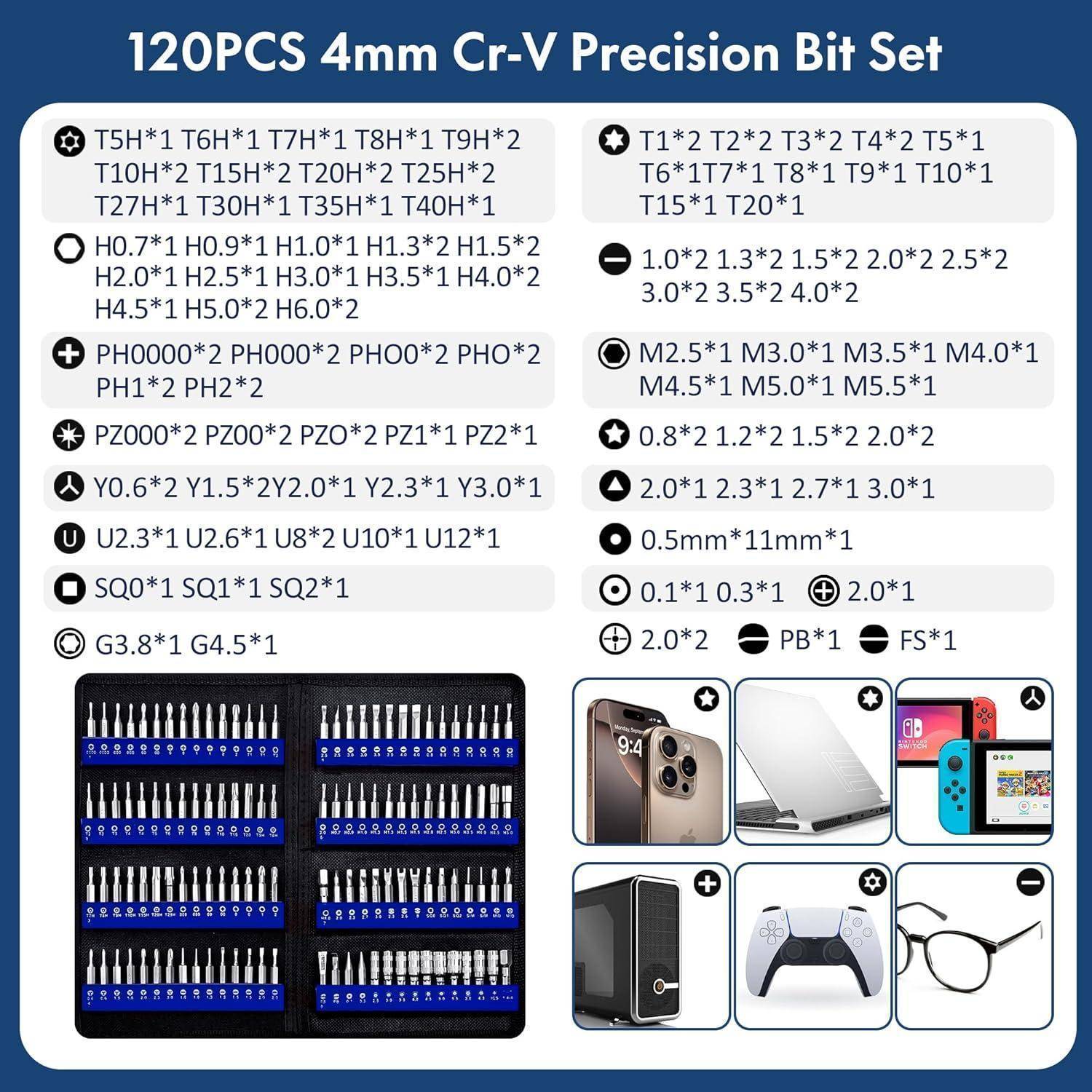 120-teiliges 4mm Cr-V Präzisions-Bit-Set, das verschiedene Bits für Geräte wie Handys und Konsolen umfasst. Mit organisierter Aufbewahrungsbox.