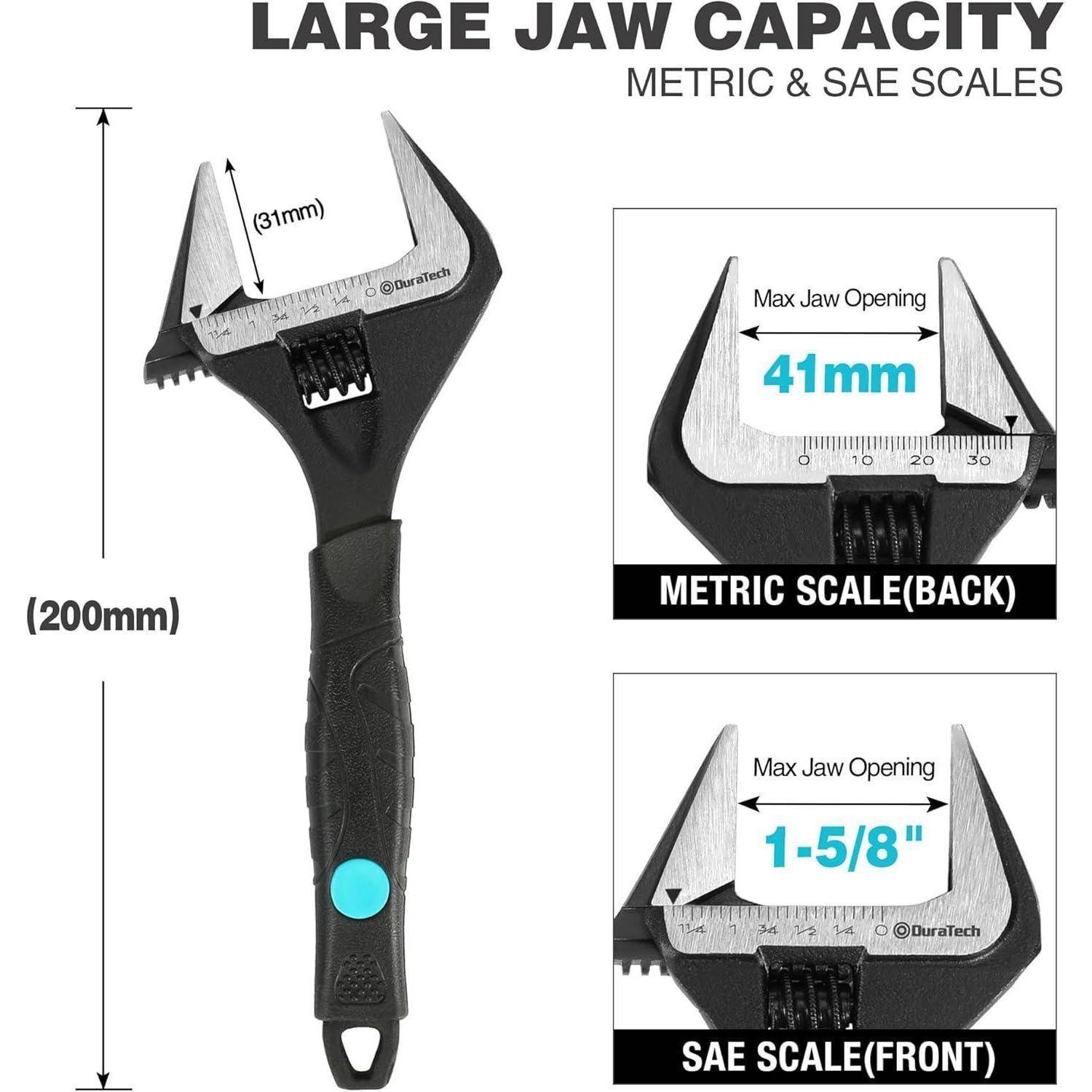 Verstellbarer Schraubenschlüssel mit ‚großer Backenkapazität'. Metrische Skala: maximale Öffnung 41 mm, SAE-Skala: maximale Öffnung 1-5/8