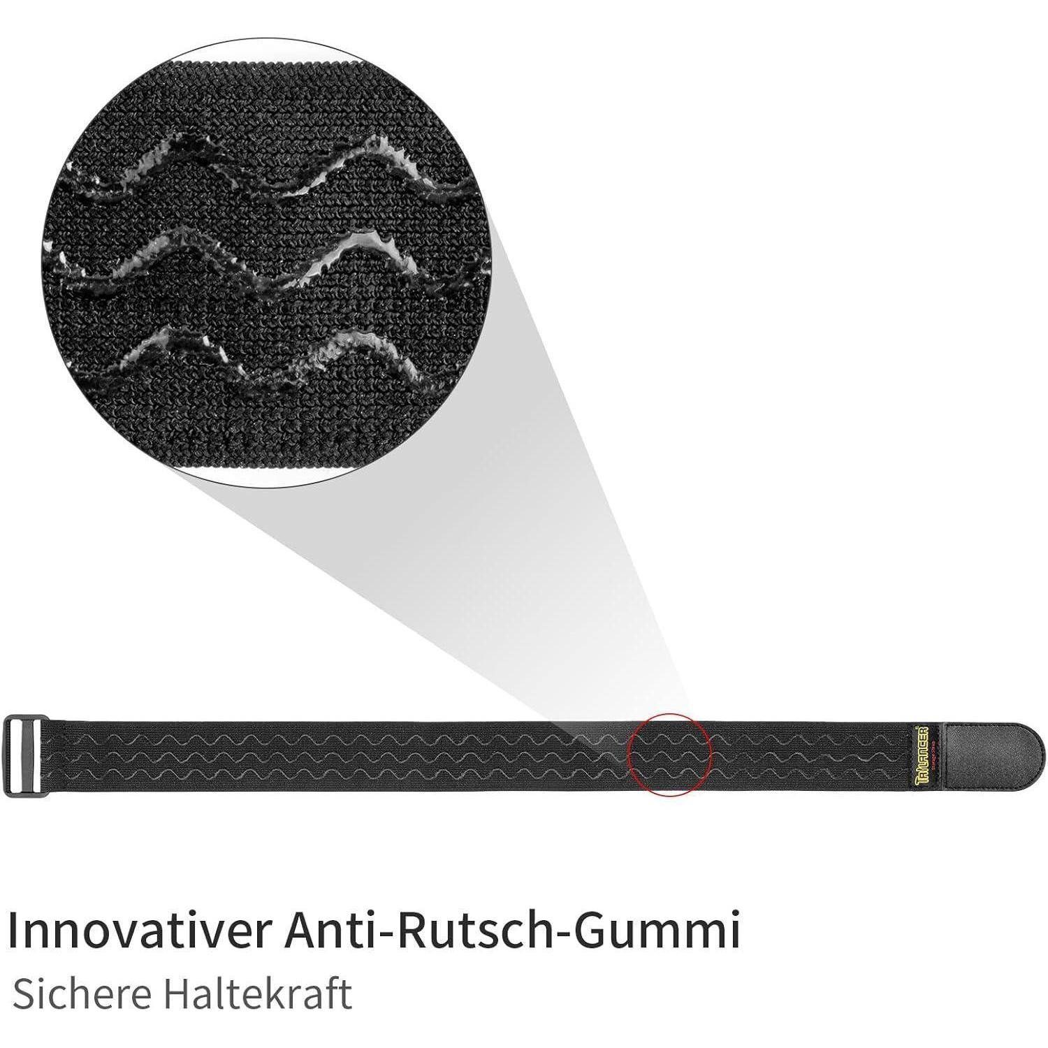 Schwarzer Gürtel mit innovativem Anti-Rutsch-Gummi für sicheren Halt. Detailansatz zeigt strukturierte Oberfläche. Deutscher Text: 'Innovativer Anti-Rutsch-Gummi. Sichere Haltekraft.