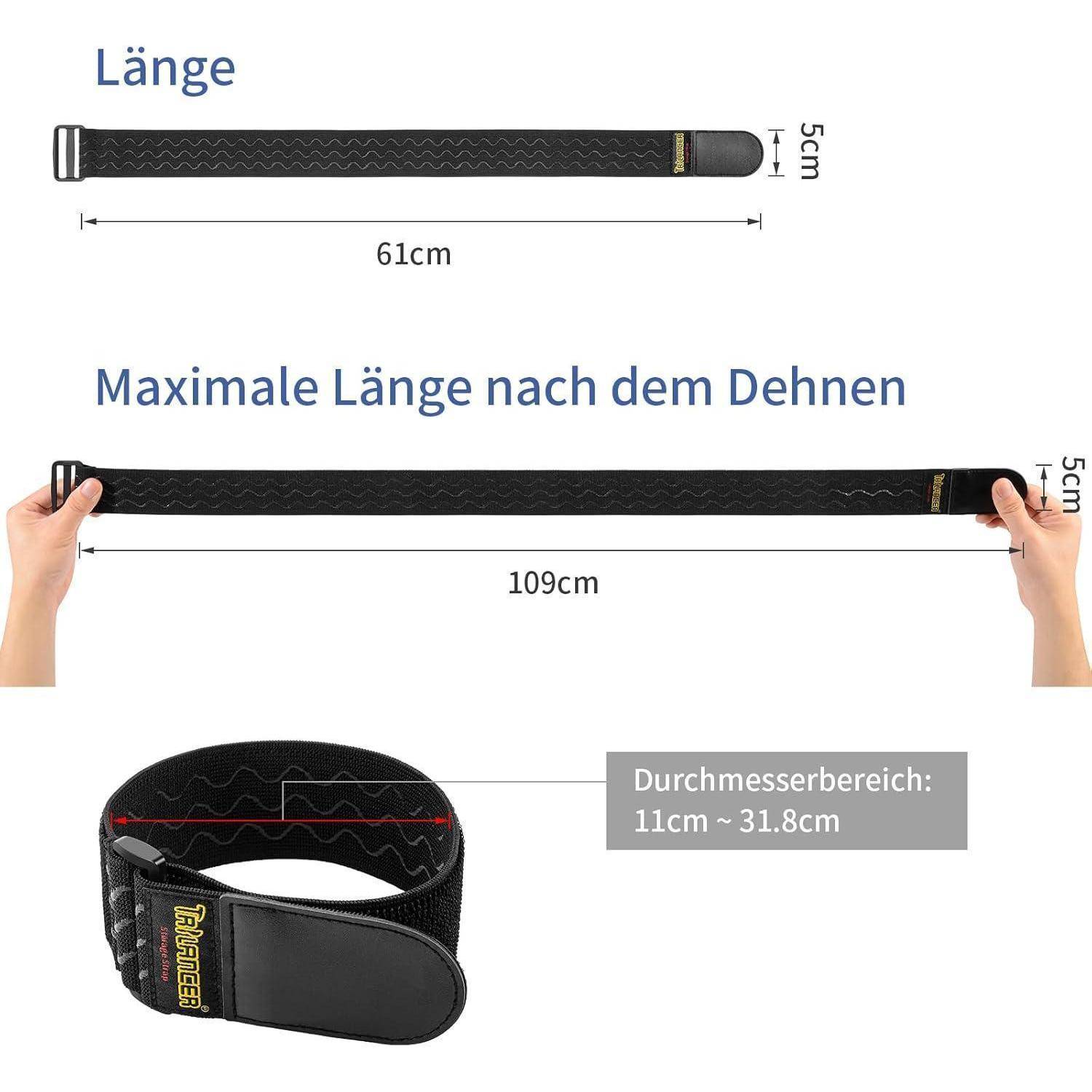 Verstellbarer Gürtel mit 5 cm Breite, erstreckt sich von 61 cm bis 109 cm. Durchmesserbereich: 11 cm bis 31,8 cm.