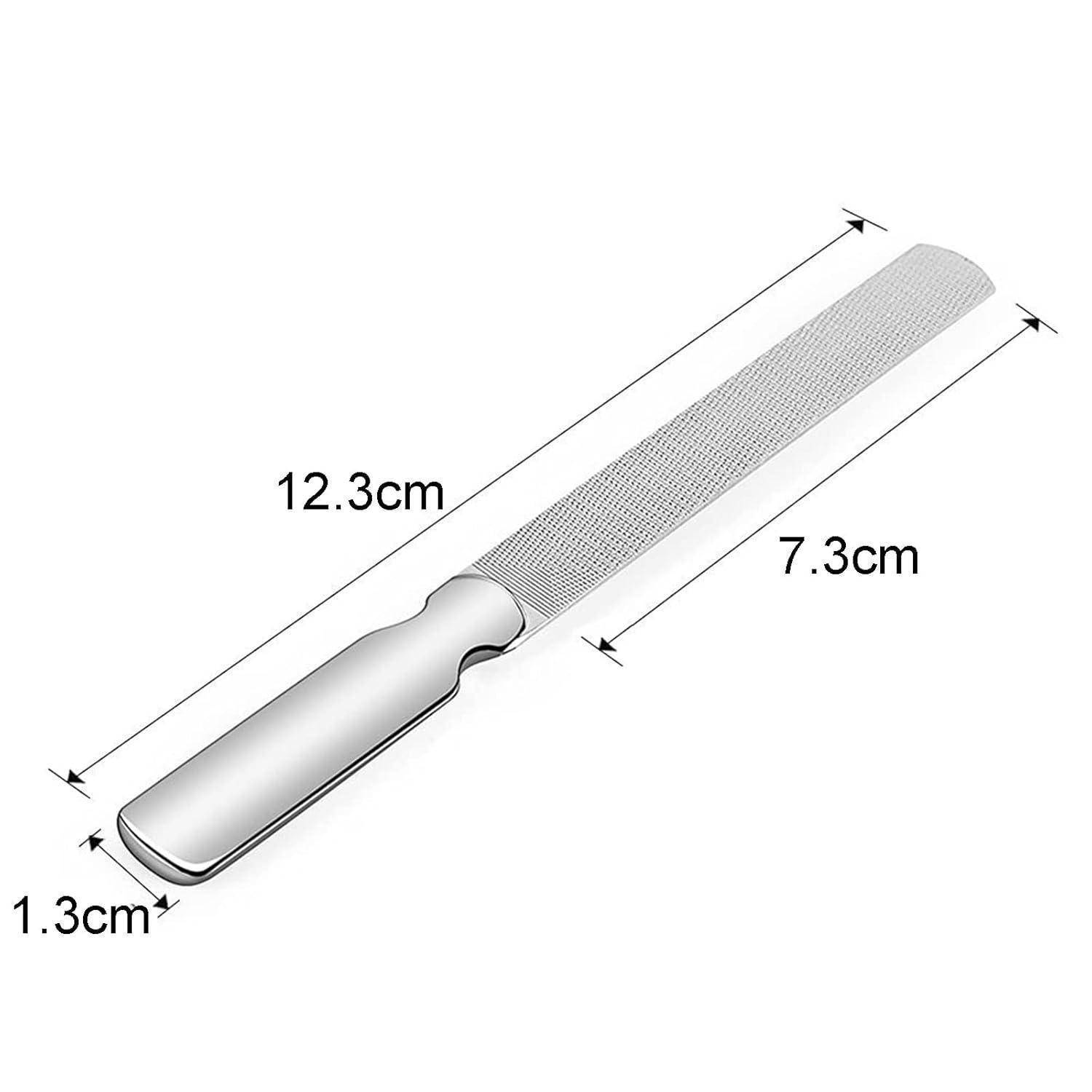 Eine Metallhandfeile mit einer strukturierten Schleifoberfläche, 12,3 cm lang und 1,3 cm breit, mit einer Grifflänge von 7,3 cm.