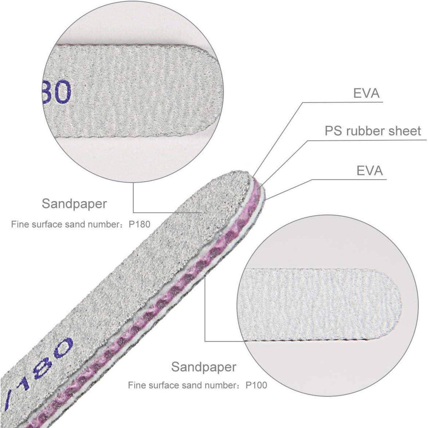 Nagelfeile Schichten: obere EVA, mittlere PS-Gummi, untere EVA. Schleifpapieroberflächen: feine P180- und P100-Körnung zum Formen der Nägel.