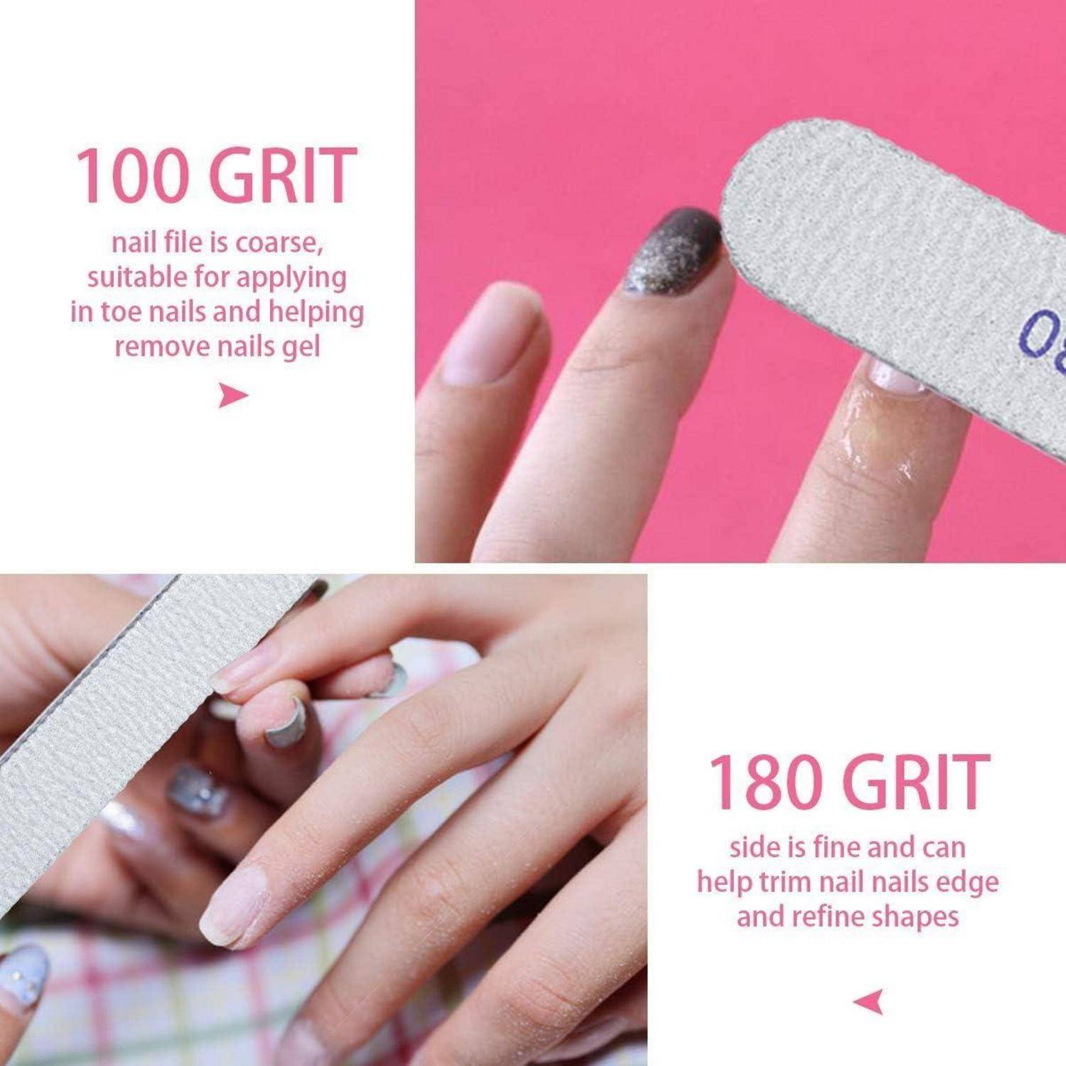 Bild mit zwei Nagelfeilen. Oben: '100 GRIT' Feile, grob zum Formen der Nägel. Unten: '180 GRIT' Feile, fein zum Glätten der Kanten.