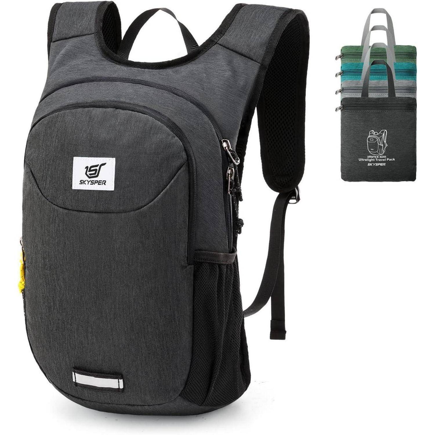 Skyspper' leichter schwarzer Rucksack mit mehreren Fächern, Mesh-Seitentaschen und verstellbaren Trägern. Kleine faltbare Version abgebildet.