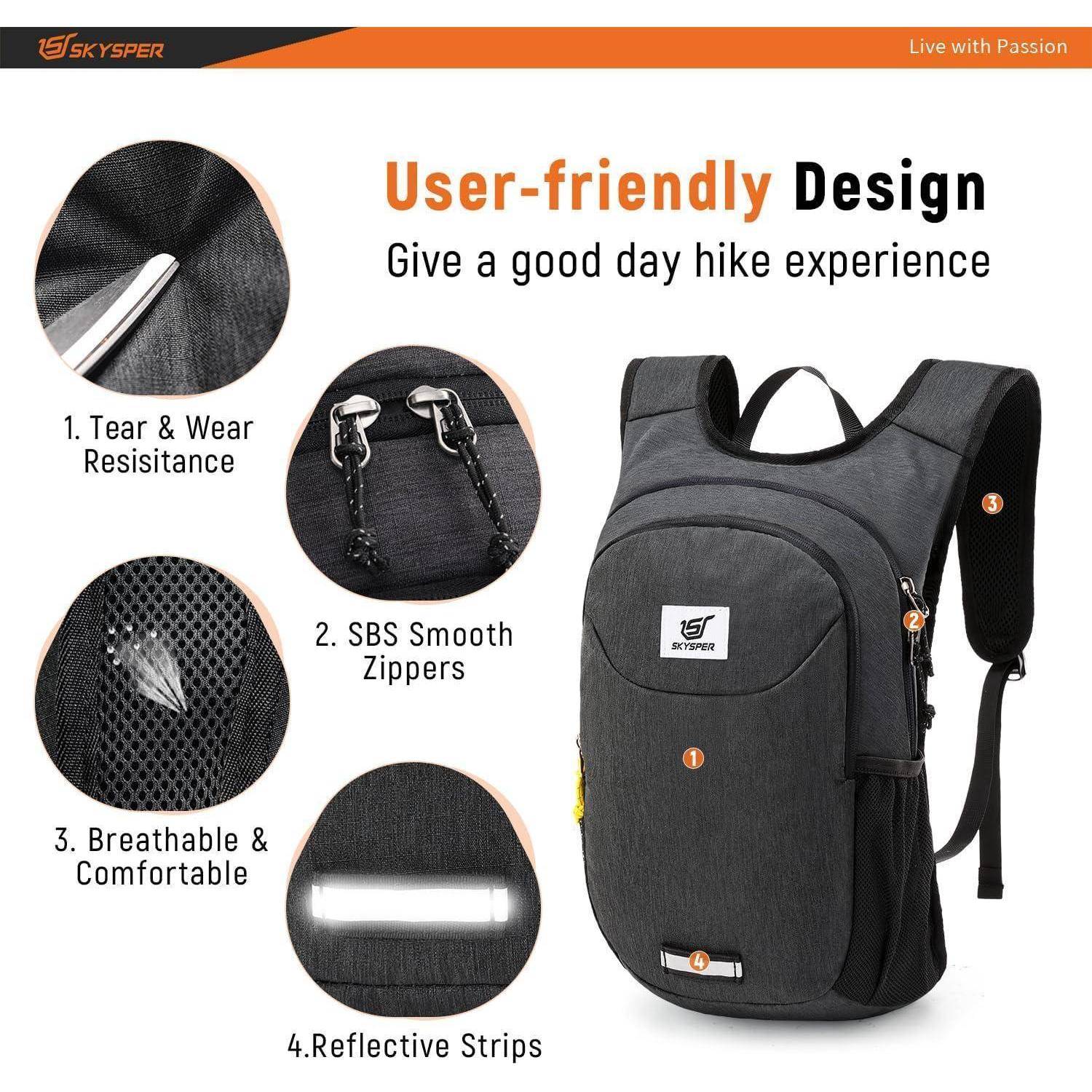 Schwarzer Rucksack aus reißfester Stoff, mit glatten Reißverschlüssen, atmungsaktivem Material und reflektierenden Streifen, speziell für Wanderkomfort konzipiert.