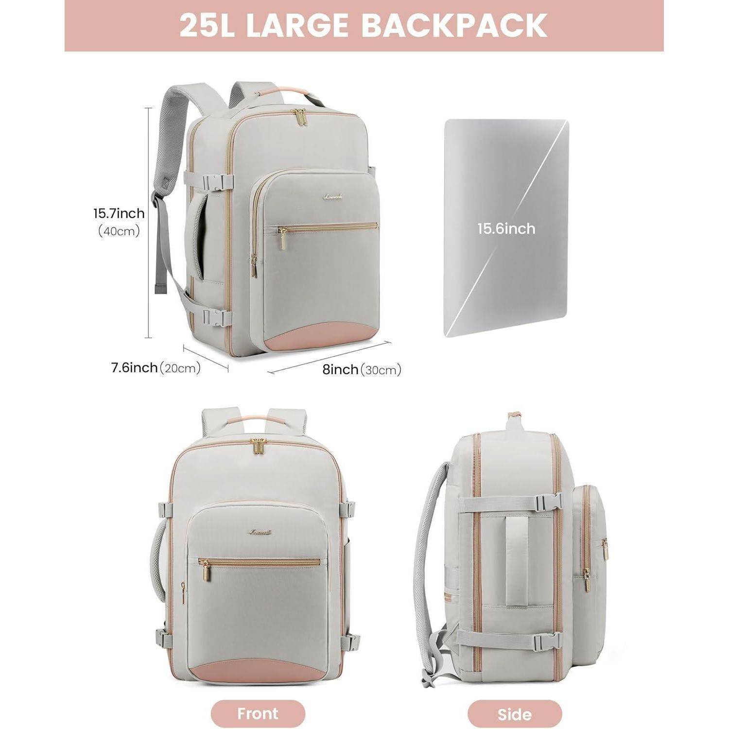 Ein großer, beiger Rucksack mit Frontfach, Seitentaschen und verstellbaren Riemen. Die Abmessungen betragen 15,7 x 8 Zoll und können einen Laptop mit 15,6 Zoll aufnehmen.