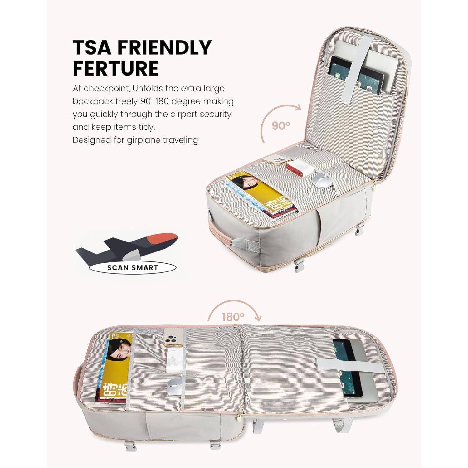 Geöffneter Rucksack mit zwei Fächern, in denen jeweils ein Laptop und ein Tablet untergebracht sind. Texthervorhebung 'TSA-freundliche Funktion' für mehr Sicherheitseffizienz.