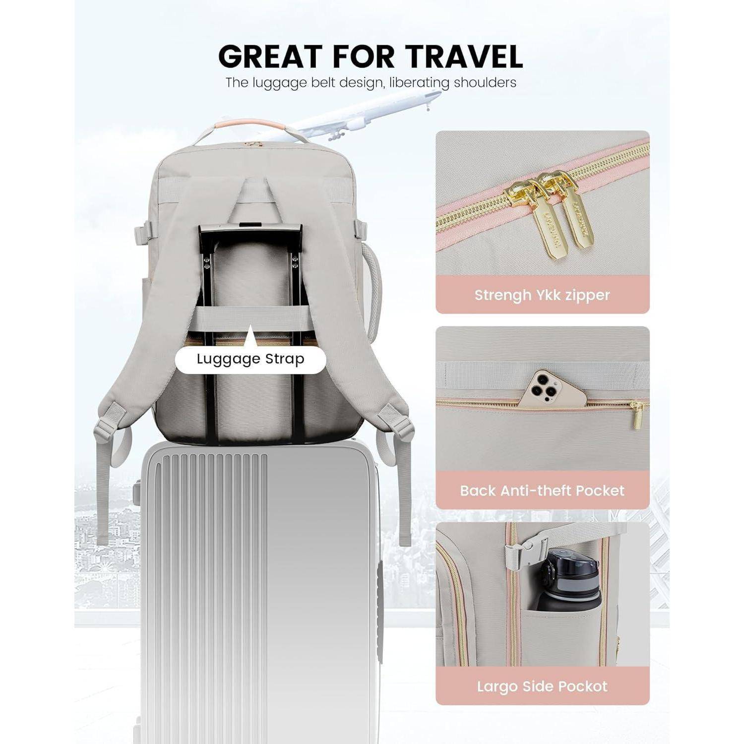 Rucksack 'Ideal für Reisen'; Funktionen umfassen Gepäckbefestigungsriemen, robuster YKK-Reißverschluss, Rückseitentasche mit Diebstahlschutz, große Seitentasche.