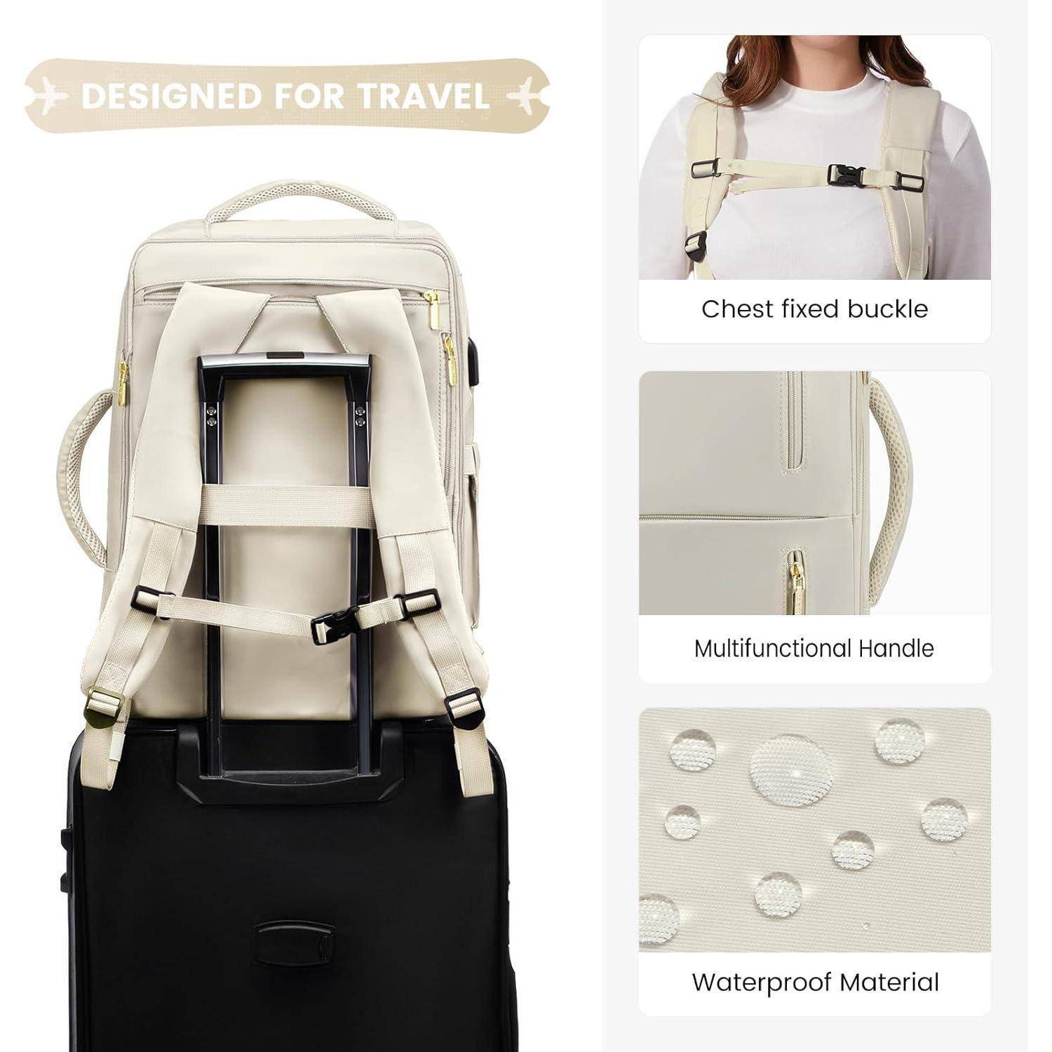 Handgepäck Rucksack mit Schuhfach, erweiterbar, 30-40l, 18 Zoll, Beige