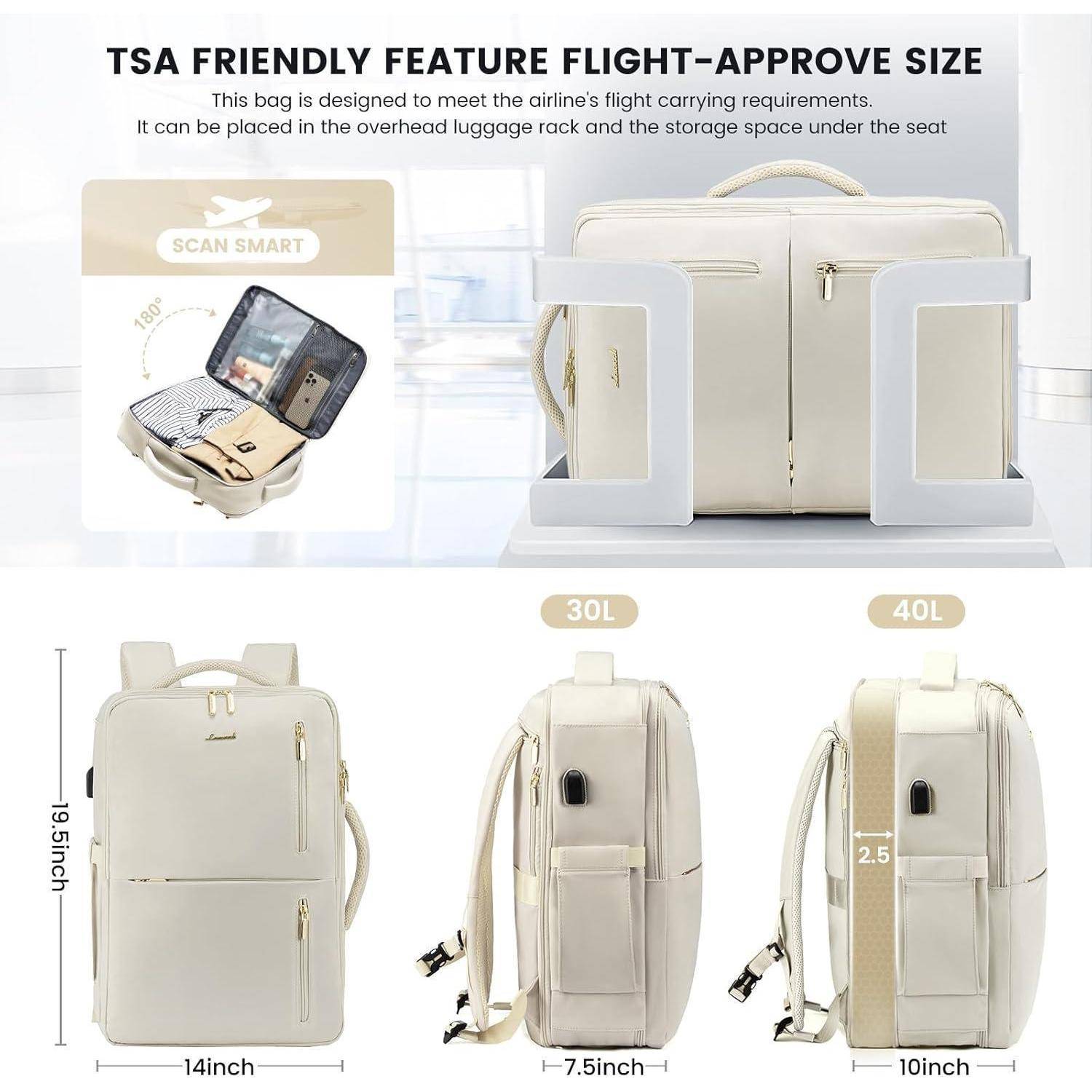 Handgepäck Rucksack mit Schuhfach, erweiterbar, 30-40l, 18 Zoll, Beige