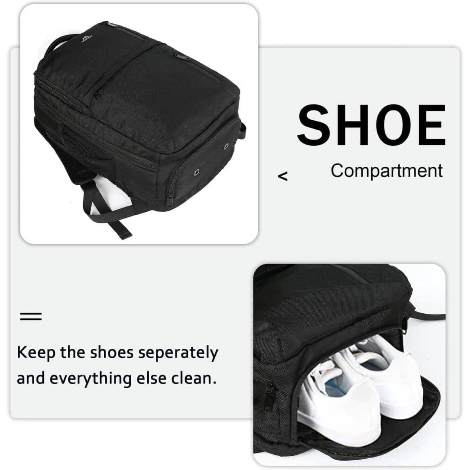 Eine schwarze Tasche mit einem Schuhfach; ein Abschnitt zeigt weiße Schuhe darin. Text: 'Schuhfach. Halten Sie die Schuhe getrennt und alles andere sauber.