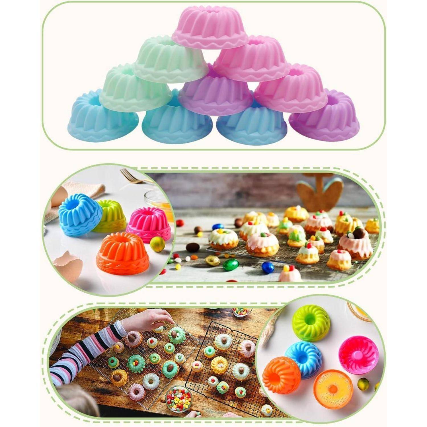 Bunte Silikonformen in Pastellfarben werden präsentiert, mit Bildern darunter, die ihre Verwendung zum Herstellen verschiedenfarbiger Mini-Kuchen und Desserts zeigen.