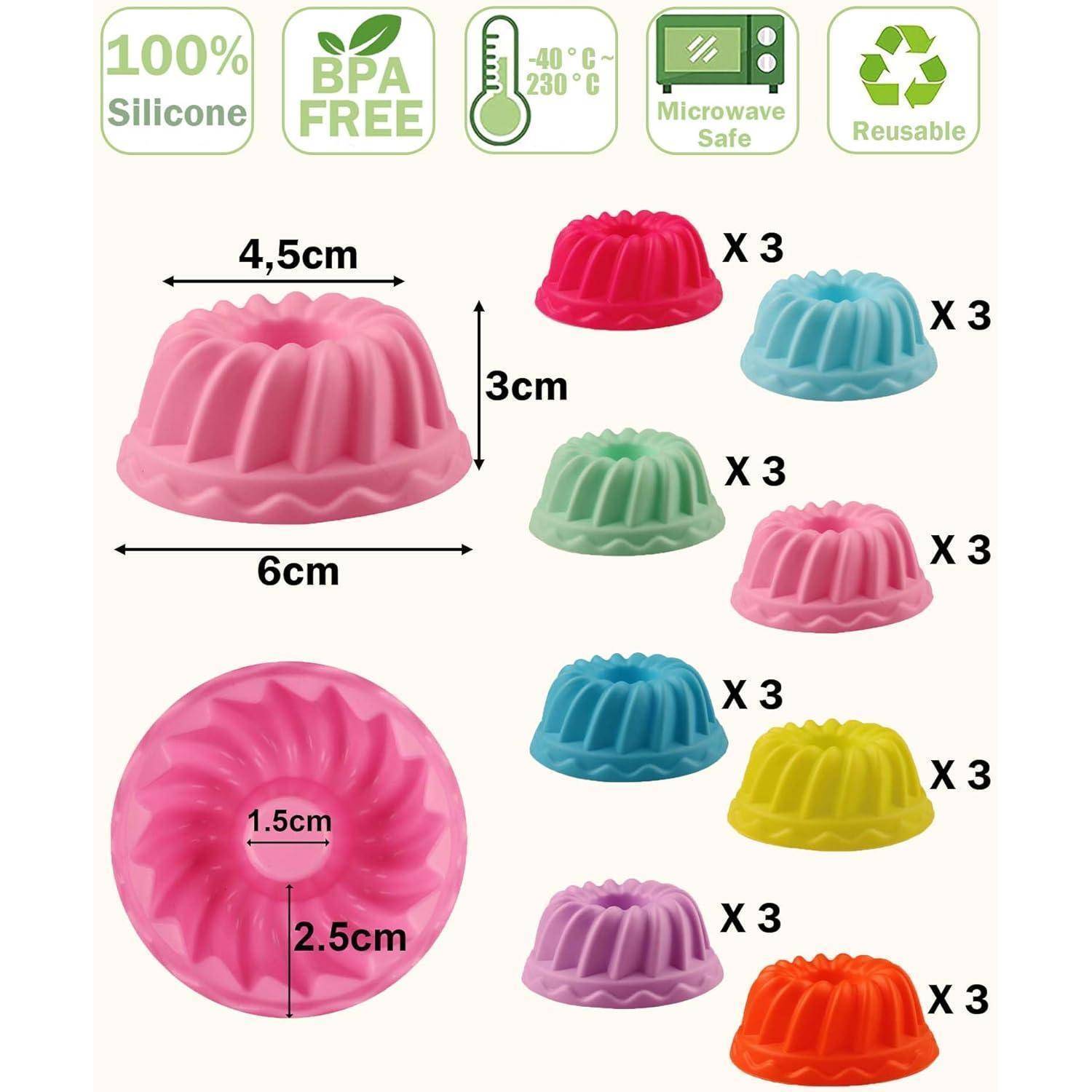 Buntes Silikonformen-Set, BPA-frei, mikrowellengeeignet, wiederverwendbar; umfasst Rosa, Rot, Blau, Grün, Gelb; verschiedene Durchmesser und Höhen.