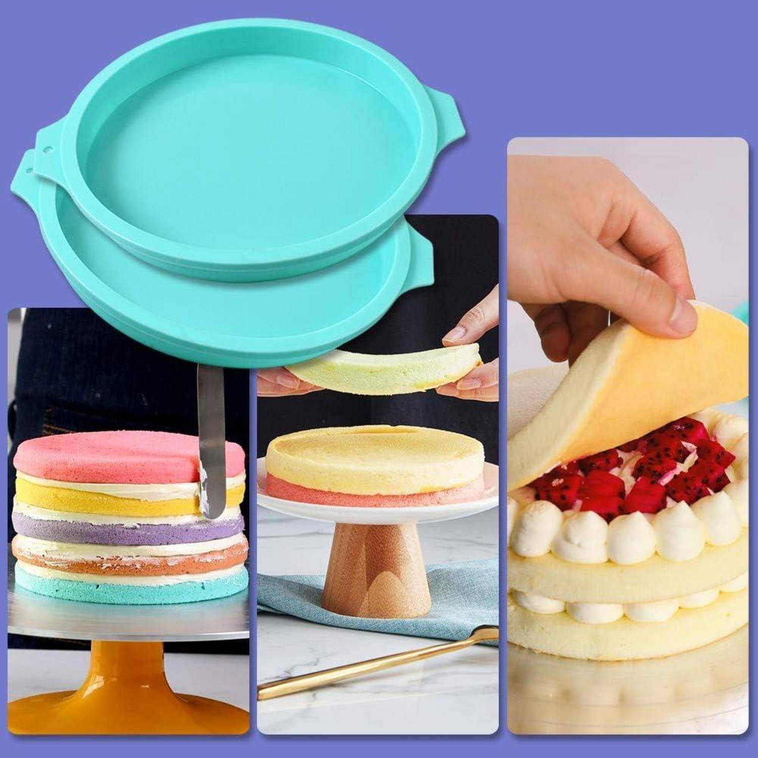 Silikonkuchenform und mehrschichtiger Kuchenherstellungsprozess: Backen, Färben der Schichten, Bestreichen mit Zuckerguss und Stapeln, um einen dekorativen Kuchen zu kreieren.