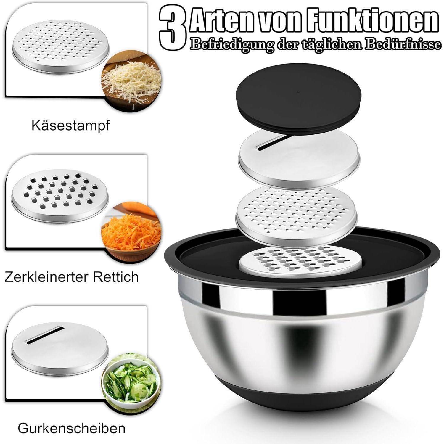 Ein Küchenreibe-Set mit drei verschiedenen Reiben, die über einer Rührschüssel angeordnet sind. Verwendungsmöglichkeiten umfassen Käse, Karotten und Gurken.