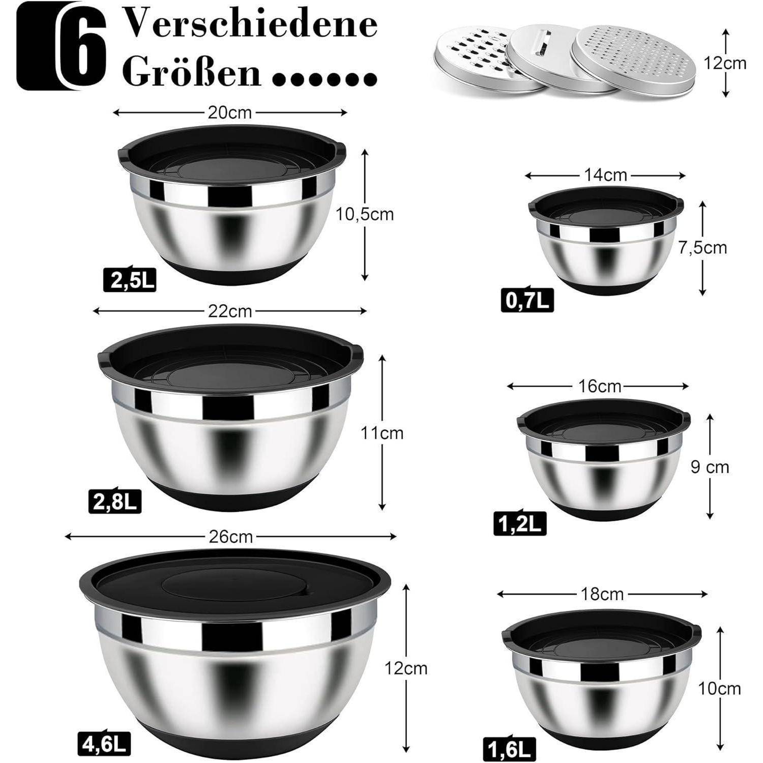 Set aus sechs Edelstahl-Rührschüsseln mit Deckel; Größen: 0,7 L, 1,2 L, 2,5 L, 2,8 L, 4,6 L; Durchmesser: 14 cm bis 26 cm; inklusive Reibe-Deckel.