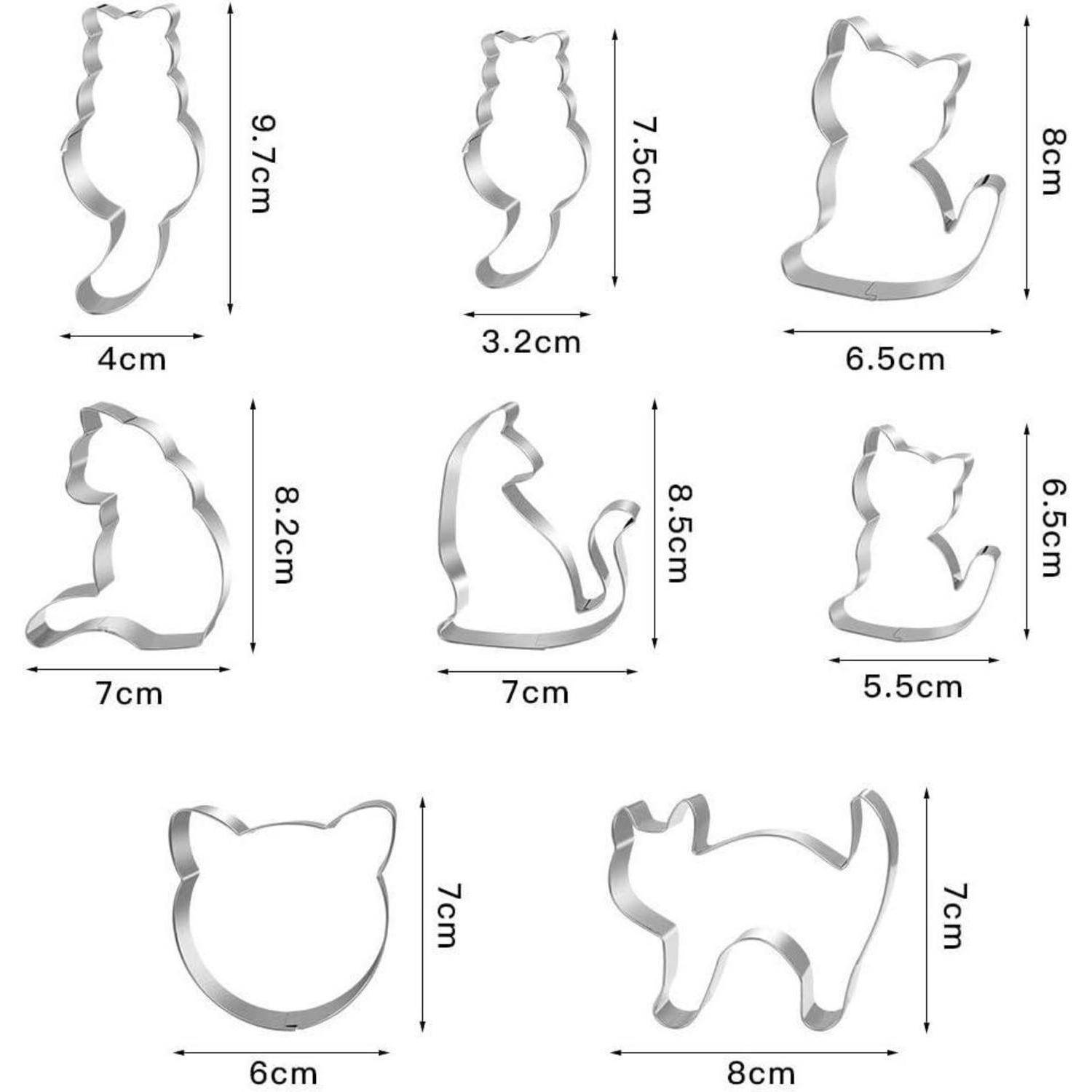 Neun Metall-Katzenplätzchen-Ausstecher in verschiedenen Posen und Größen, die von 3,2 cm bis 8 cm in der Breite und von 6,5 cm bis 9,7 cm in der Höhe reichen.