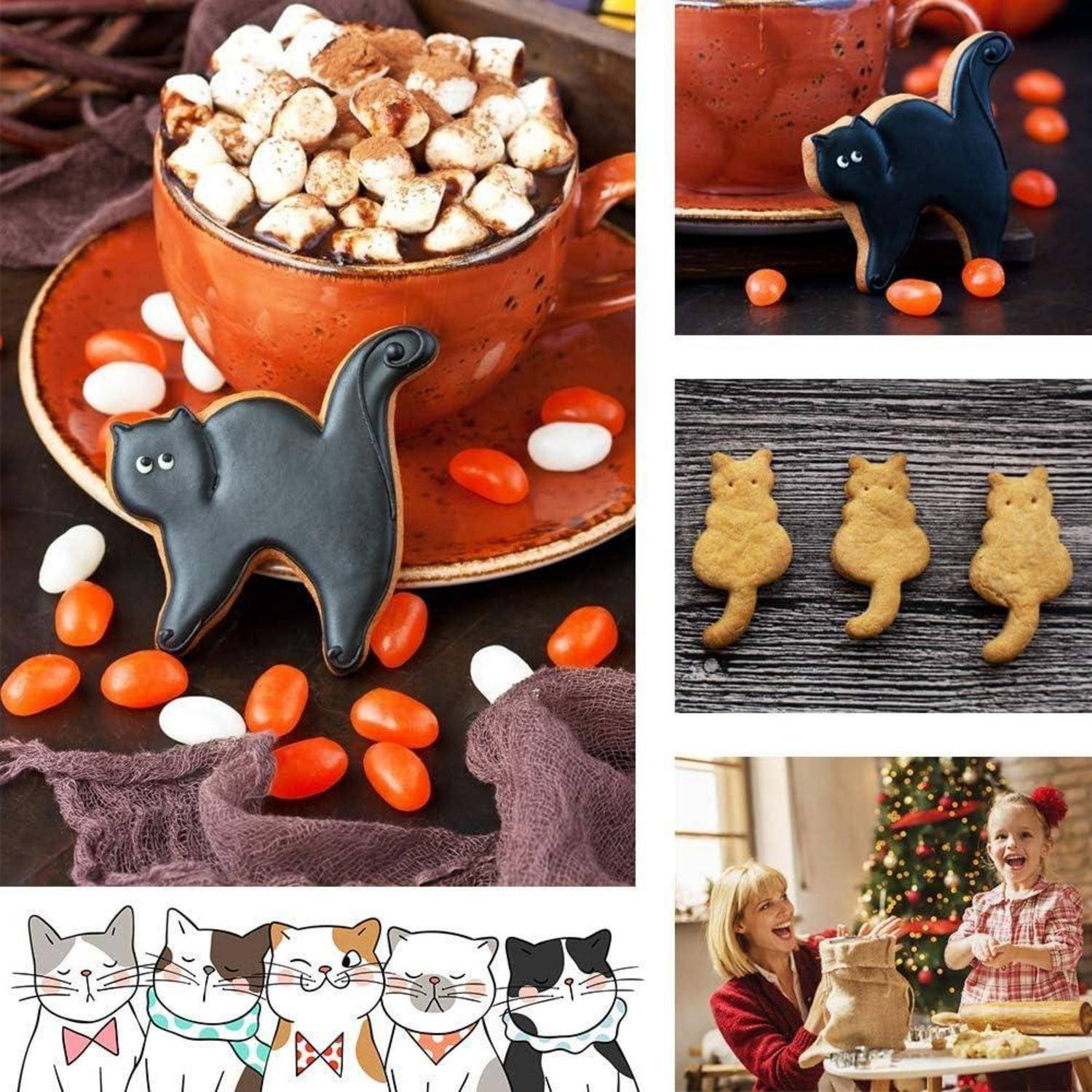 Eine Tasse heiße Schokolade mit Marshmallows auf einer roten Untertasse, umgeben von katzenlförmigen Keksen. Eine Mutter und ihre Tochter spielen mit Ton.
