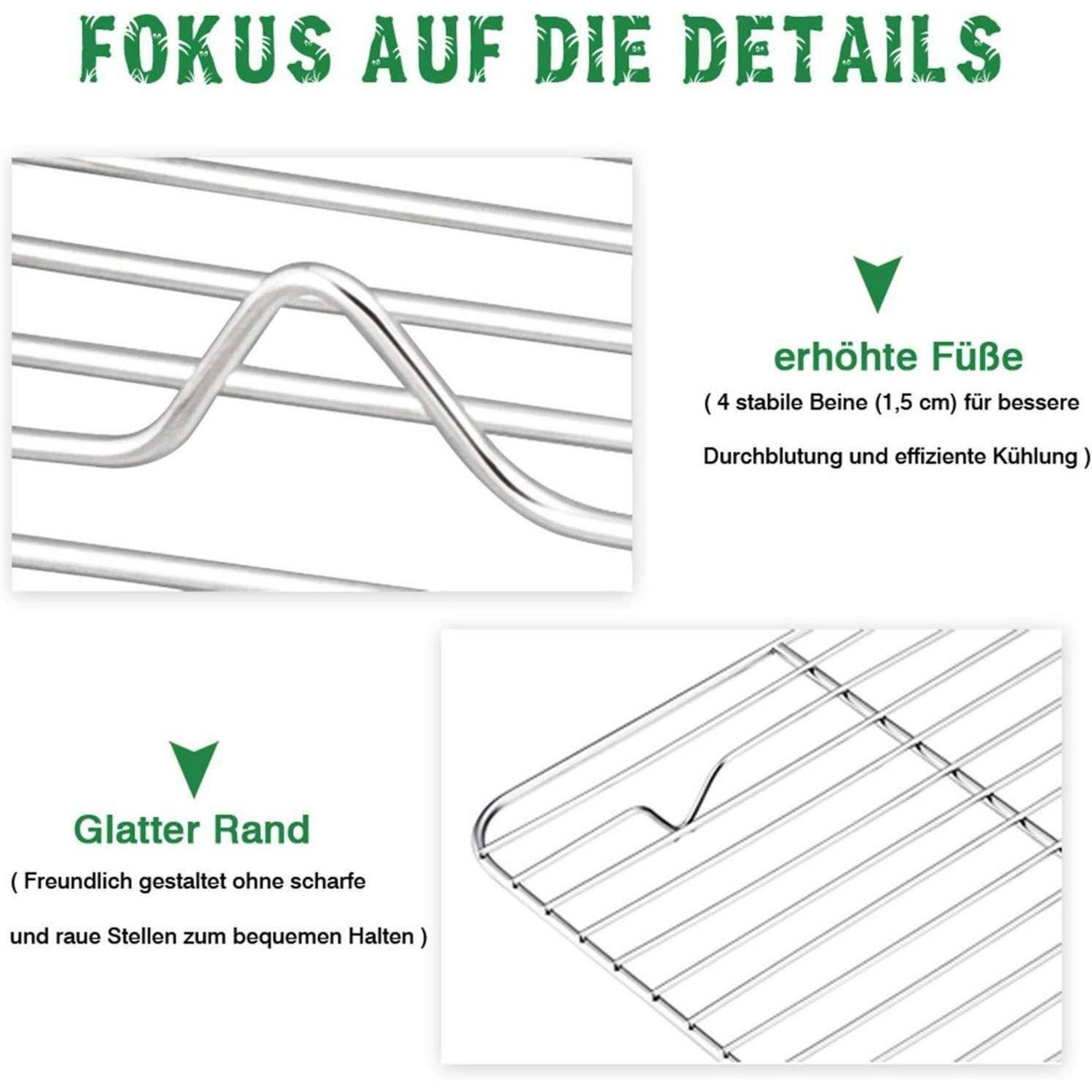 FOKUS AUF DIE DETAILS' hebt die Merkmale eines Drahtgestells hervor: 'erhöhte Füße' zeigt erhöhte Füße zum Abkühlen; 'glatter Rand' für glatte Kanten.