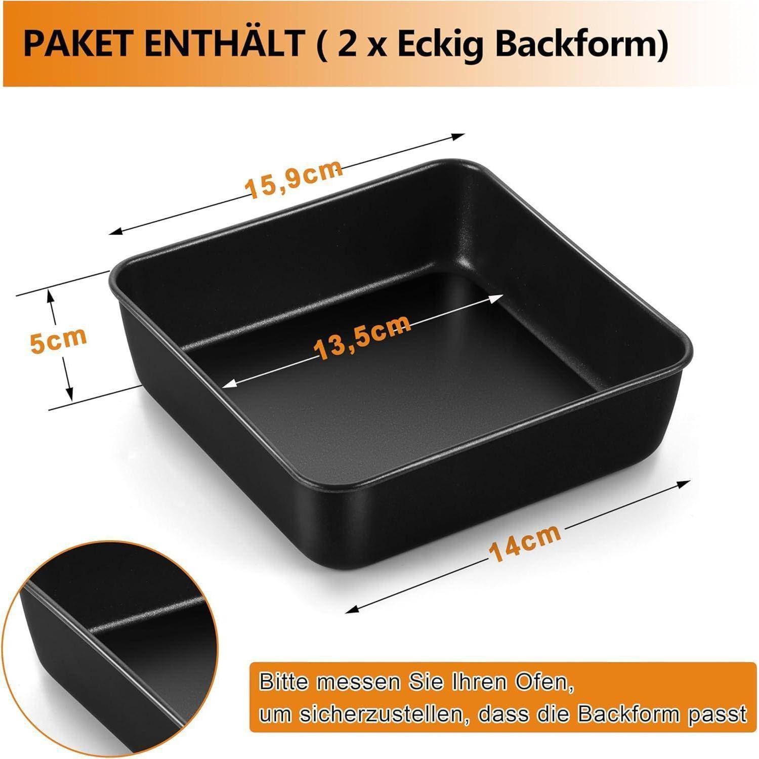 Paket Enthält (2 x Eckige Backform)' - Bild zeigt eine rechteckige Backform mit Abmessungen: 15,9 cm Breite, 13,5 cm Länge und 5 cm Höhe. 'Bitte messen Sie Ihren Ofen, um sicherzustellen, dass die Backform passt.