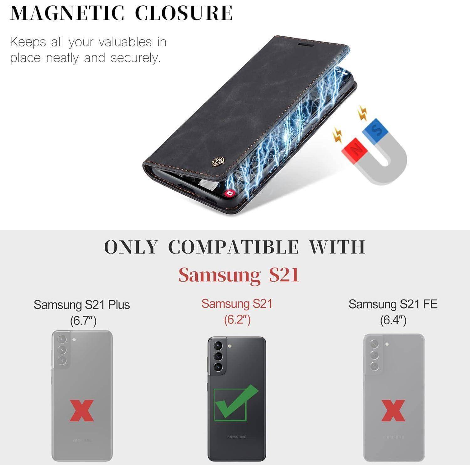 Handyhülle mit magnetischem Verschluss, ausschließlich kompatibel mit Samsung S21. Abbildungen des S21-Modells mit passender Größenangabe.