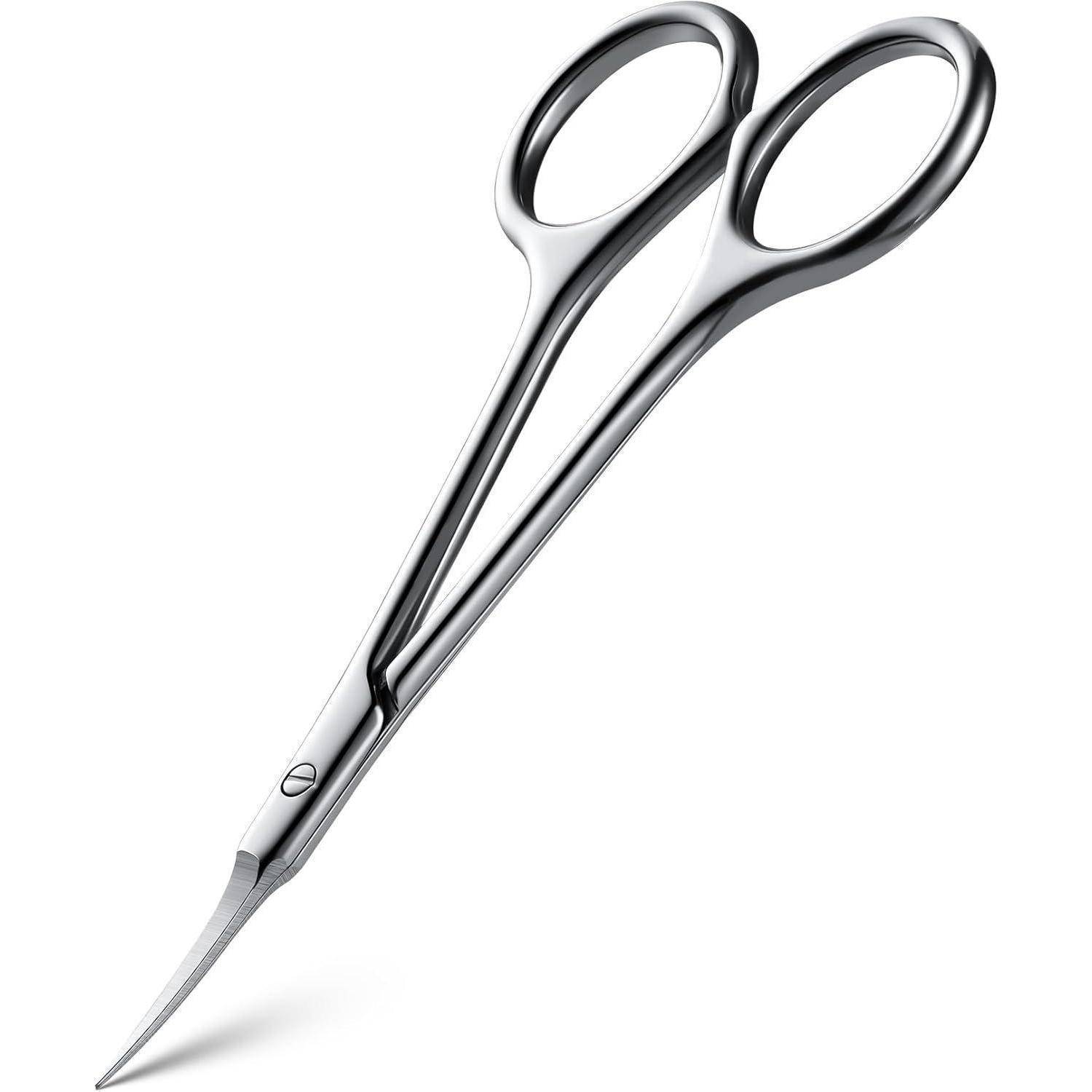Gebogene Edelstahlschere mit scharfen Klingen, verwendet für präzises Schneiden, mit ergonomischem Griffdesign für Komfort.