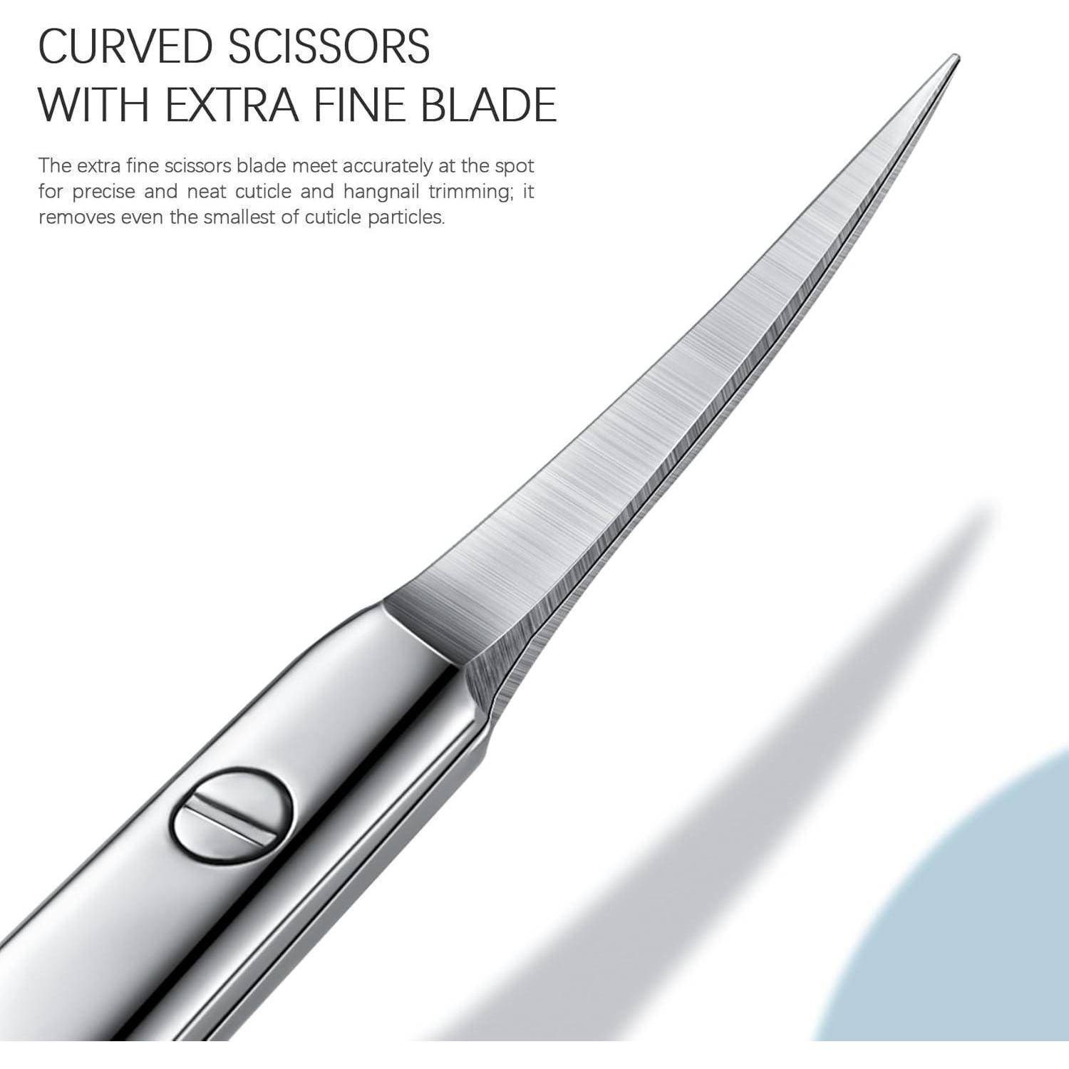 Nahaufnahme einer gebogenen Schere mit besonders feiner Klinge, entwickelt für präzises Trimmen von Nagelhaut und Hauträndern.