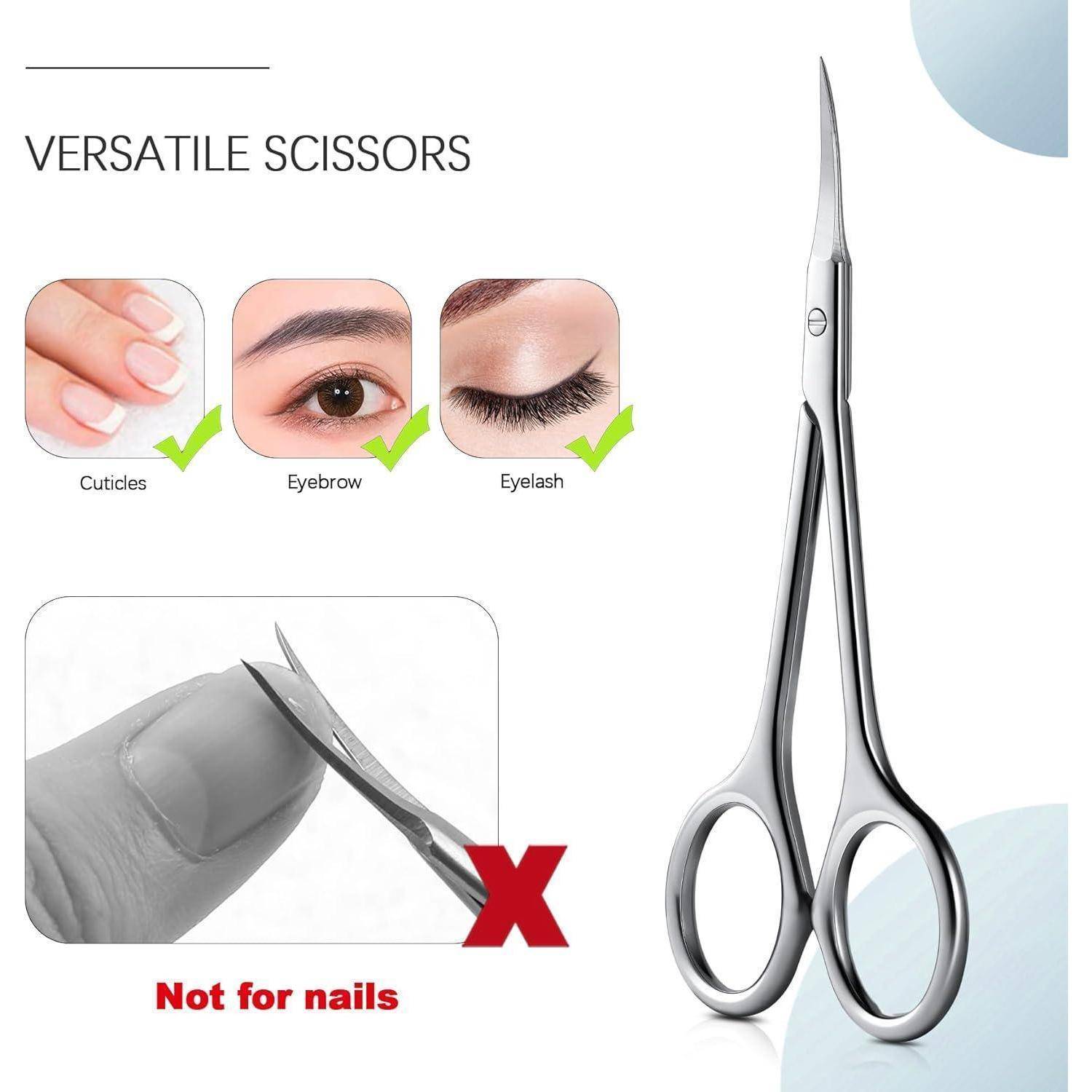 Vielseitige Schere für Nagelhaut, Augenbrauen und Wimpern mit einem Häkchen. Nicht geeignet für Nägel, gekennzeichnet durch ein rotes Kreuz.