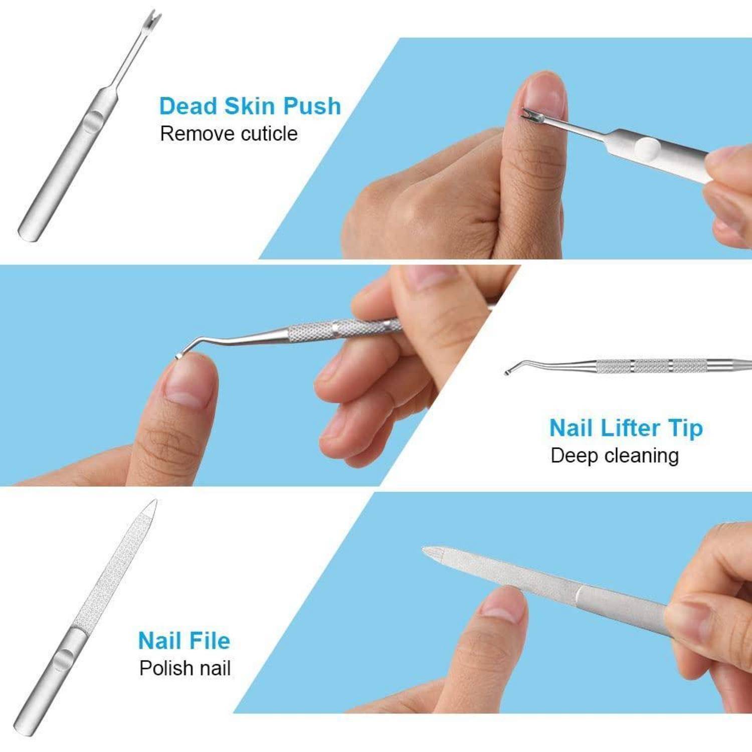 Nagelwerkzeuge-Demonstration: Entfernung abgestorbener Haut, Nagelheber und Nagelfeile. Funktionen: Nagelhaut entfernen, Tiefenreinigung, Politur der Nägel.