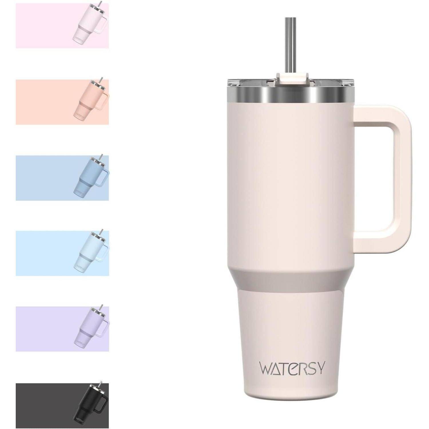 Hoher isolierter Reisebecher mit Griff und Strohhalm. Erhältlich in fünf Farben: rosa, altrosa, himmelblau, flieder und schwarz. Marke ‚WATERSY'.