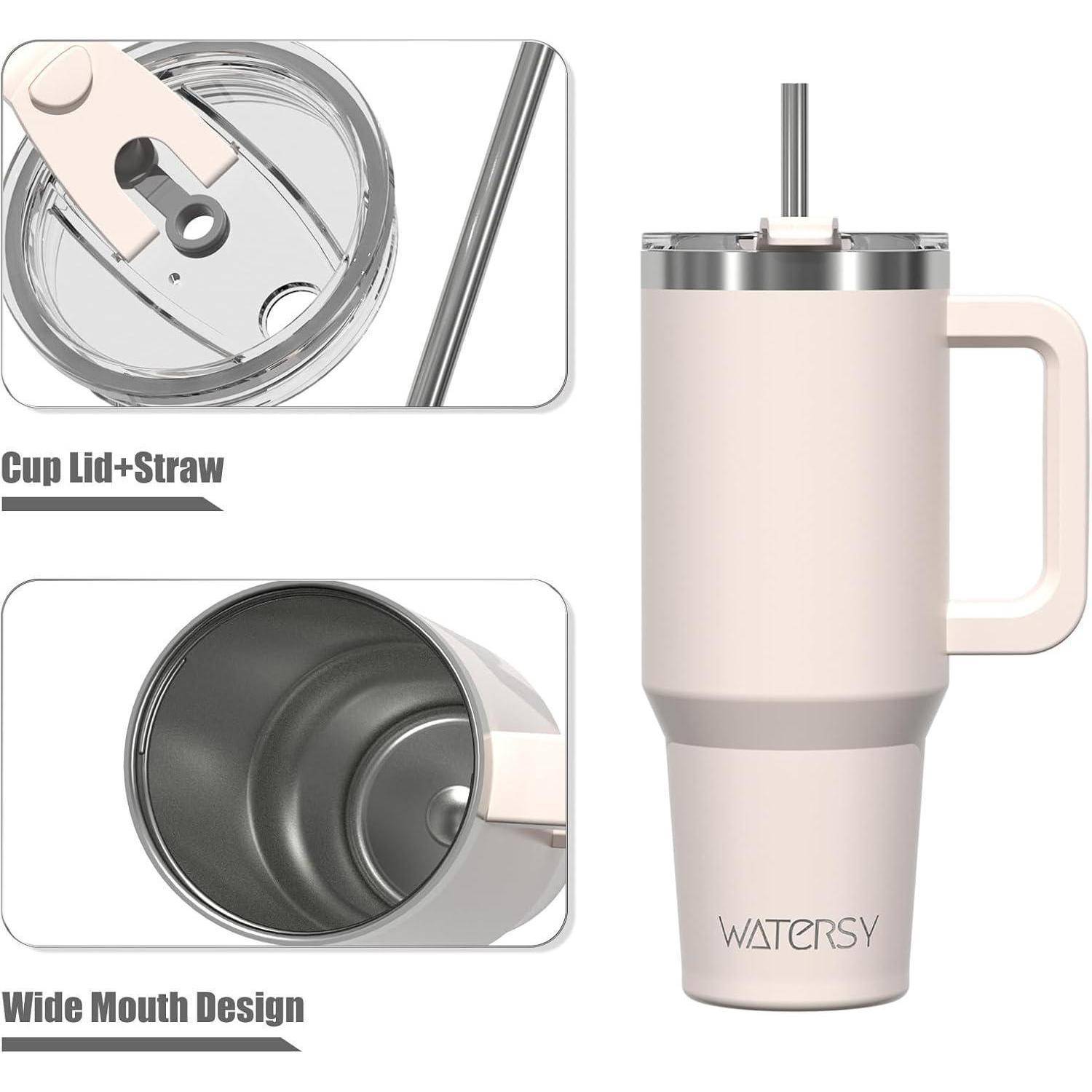 Becher mit Griff, Weithalskonstruktion und Deckel mit Strohhalm. Marke mit WATERSY gekennzeichnet.