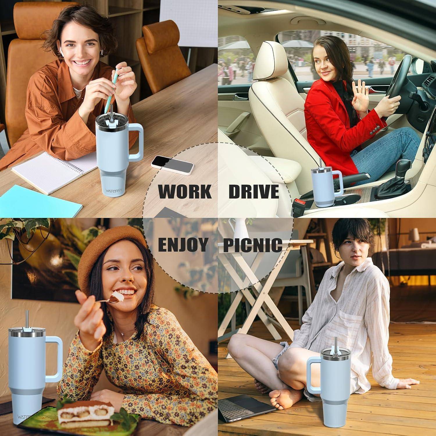 Eine Collage von vier Bildern, die Frauen zeigt, die einen großen Thermobecher beim Arbeiten, Fahren, bei einem Picknick und beim Entspannen in Innenräumen verwenden.