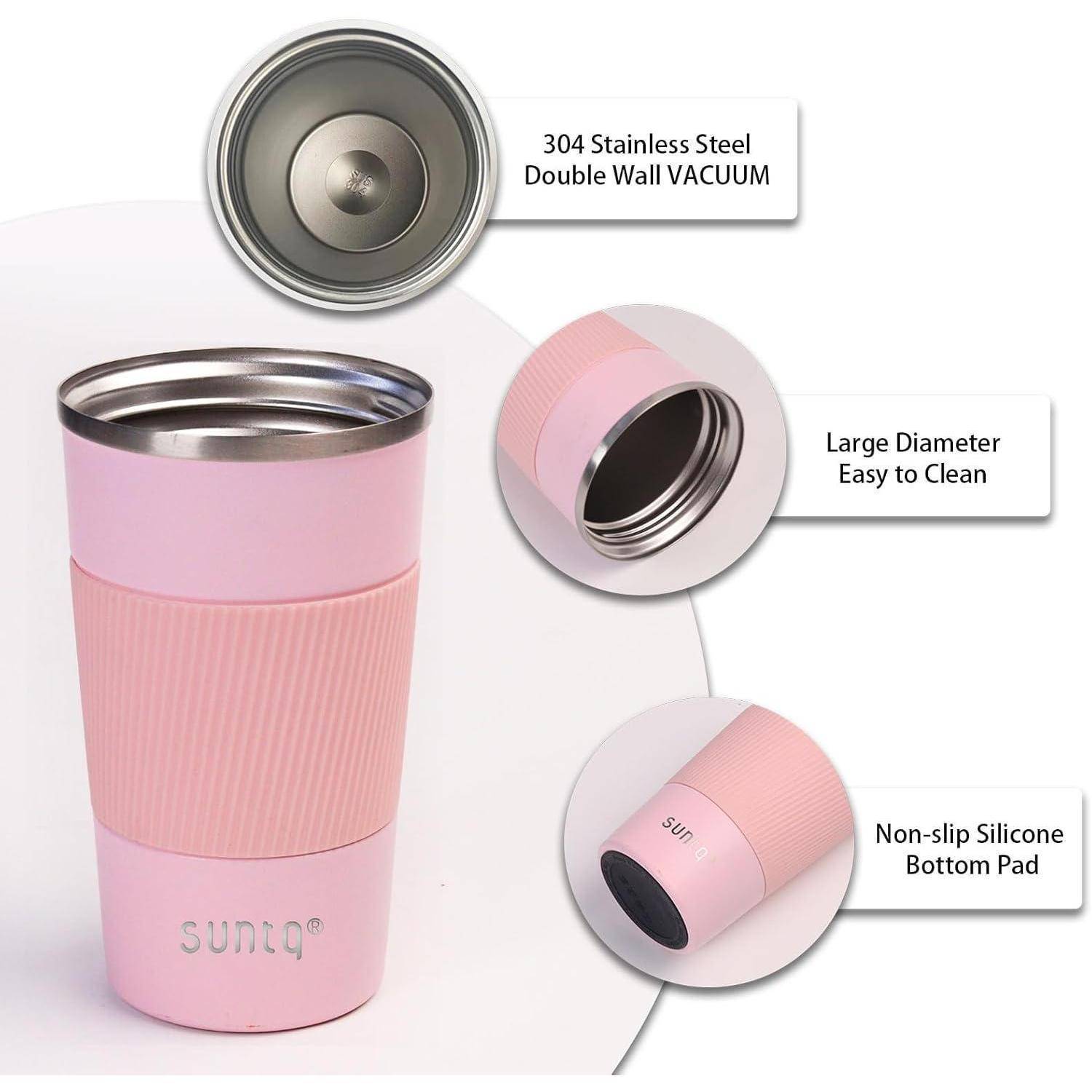 Rosa isolierte Reisebecher mit rutschfester Silikonauflage, großem leicht zu reinigendem Durchmesser und Doppelwand-Vakuumtechnologie.
