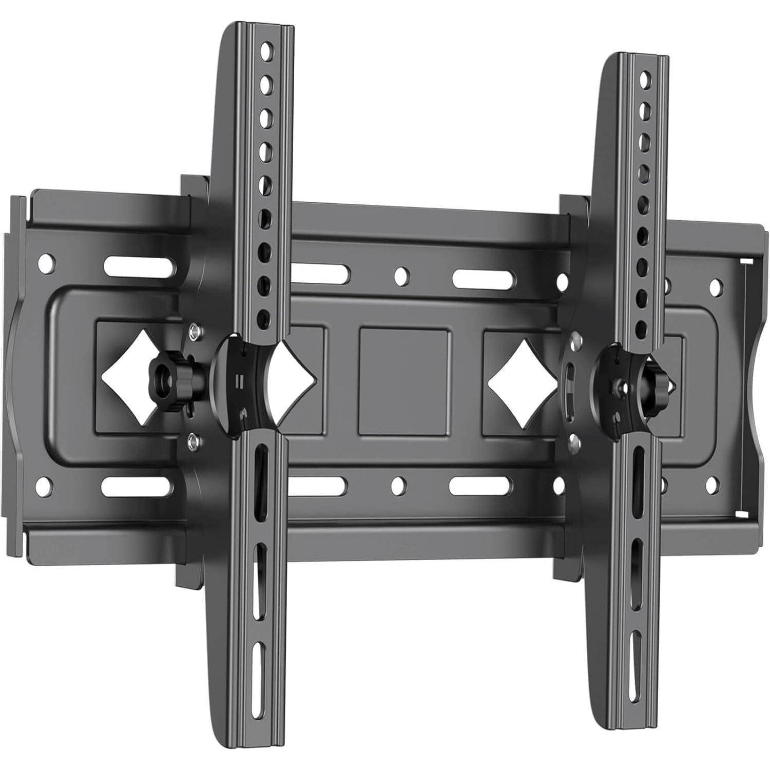 Eine schwarze Wandhalterung, konzipiert für Flachbildfernseher, mit verstellbaren Armen und mehreren Befestigungslöchern für vielseitige Installationsmöglichkeiten.
