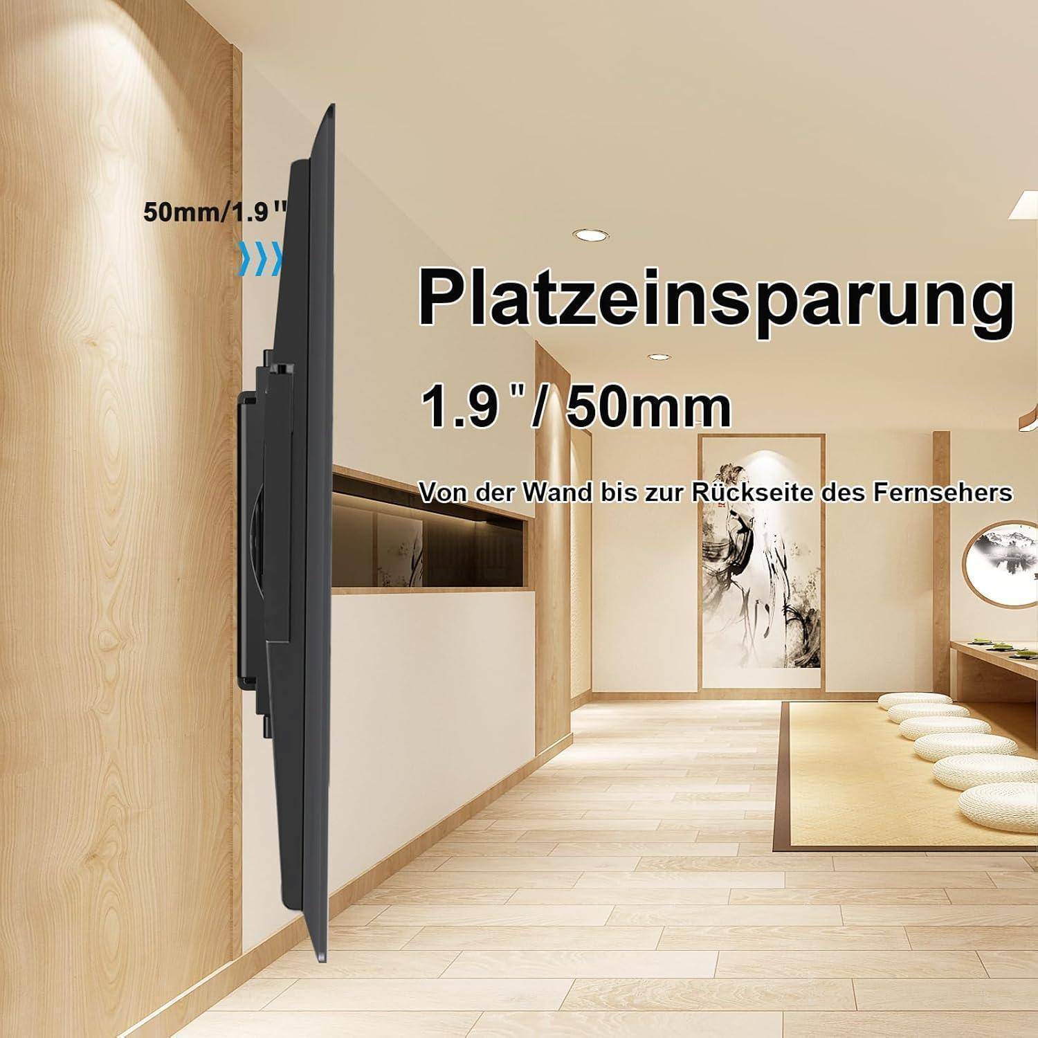 Seitenansicht eines wandmontierten Fernsehers, 50 mm von der Wand entfernt. Text lautet: 'Platzeinsparung 1.9