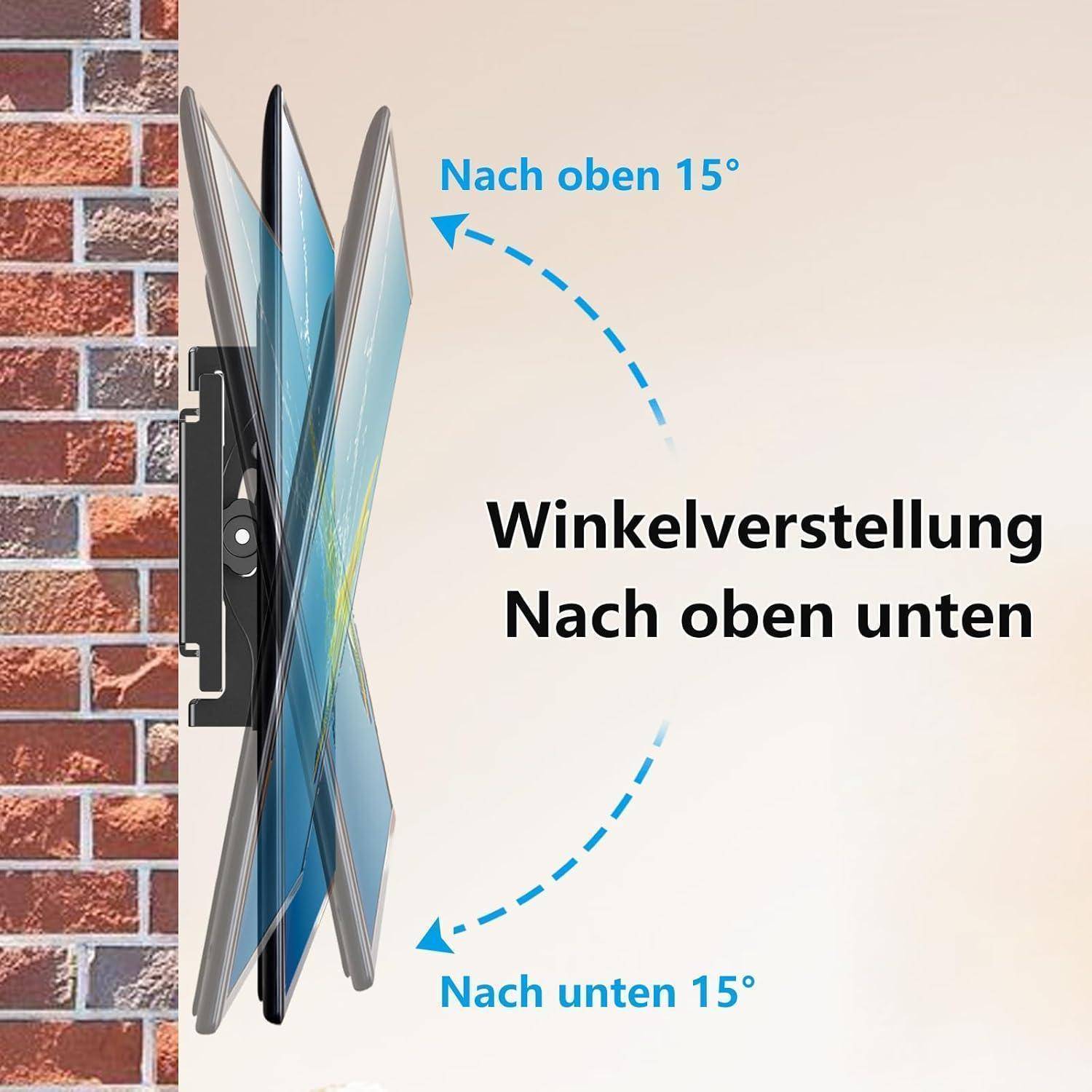 Winkelverstellung Nach oben unten' zeigt einen wandmontierten Bildschirm-Neigungsmechanismus, der um 15° nach oben oder unten verstellbar ist, an einer Ziegelwand.