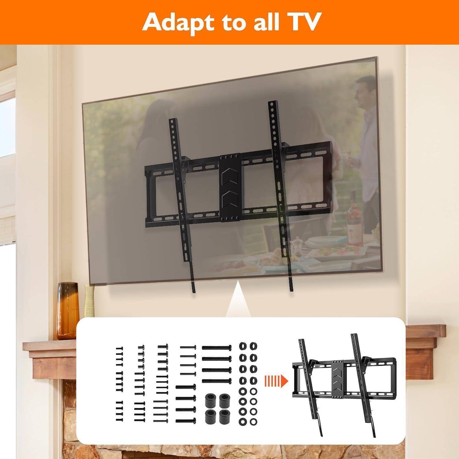Ein Fernseher, der an einer flachen Wandhalterung befestigt ist, wird angezeigt. Darunter sind Teile für die Montage zu sehen. Text lautet: 'Passt für alle Fernseher'.