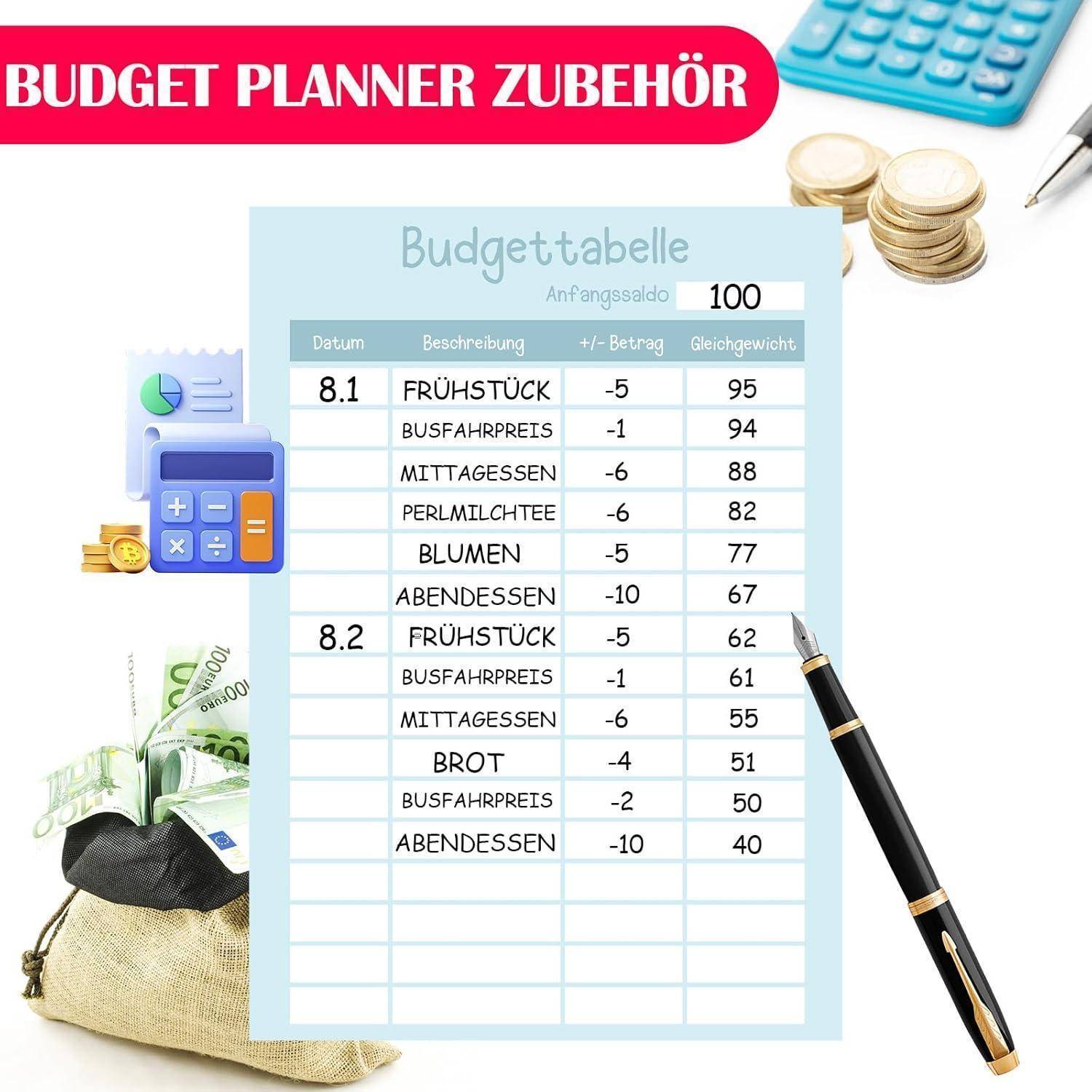 96-tlg. Budget Planner Deutsch Zubehör-A6, 6 Farben, Geld