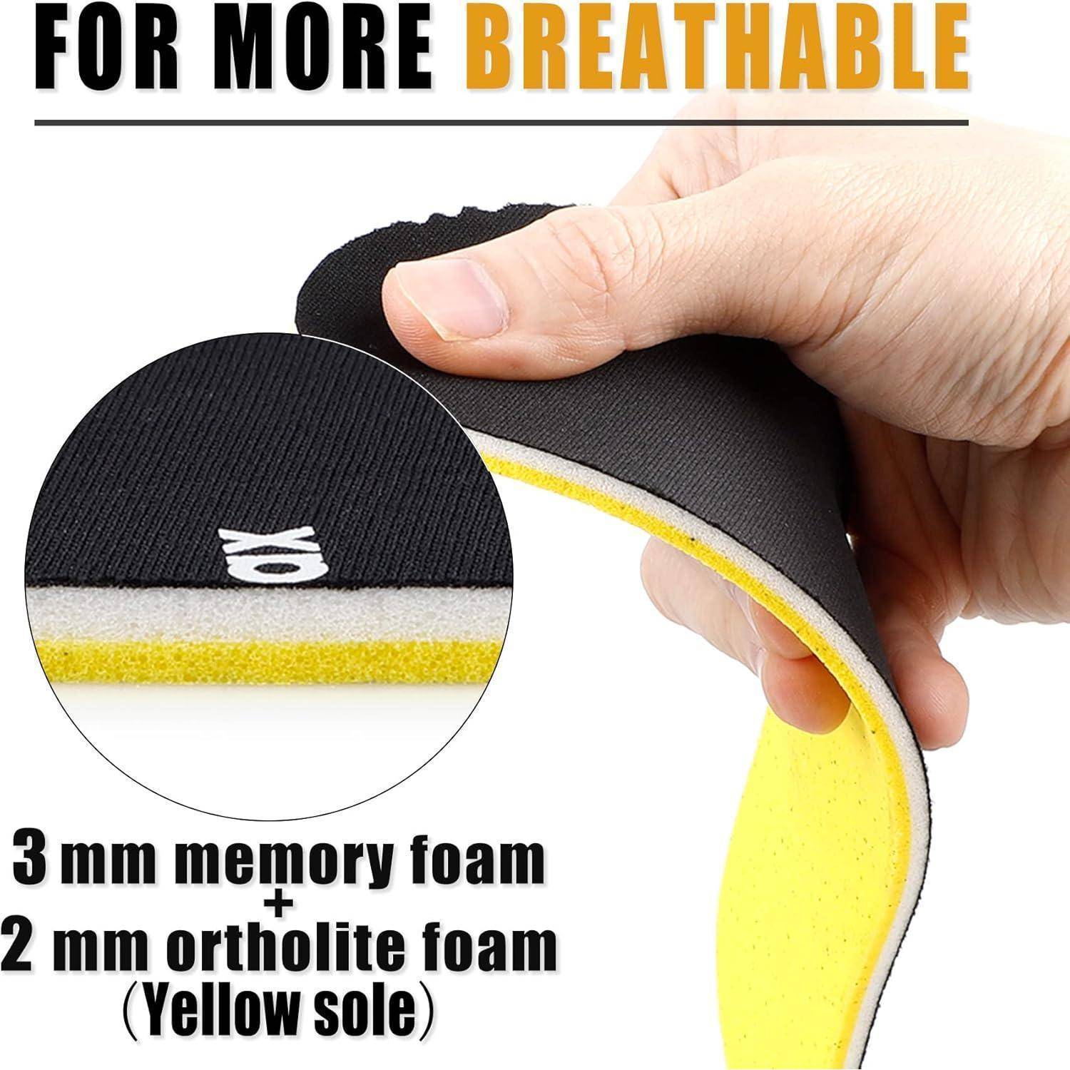 Text: Für mehr Atmungsaktivität. Bild zeigt eine Hand, die eine geschichtete Einlegesohle mit 3 mm Memoryschaum und 2 mm Ortholite-Schaum (gelbe Sohle) biegt.