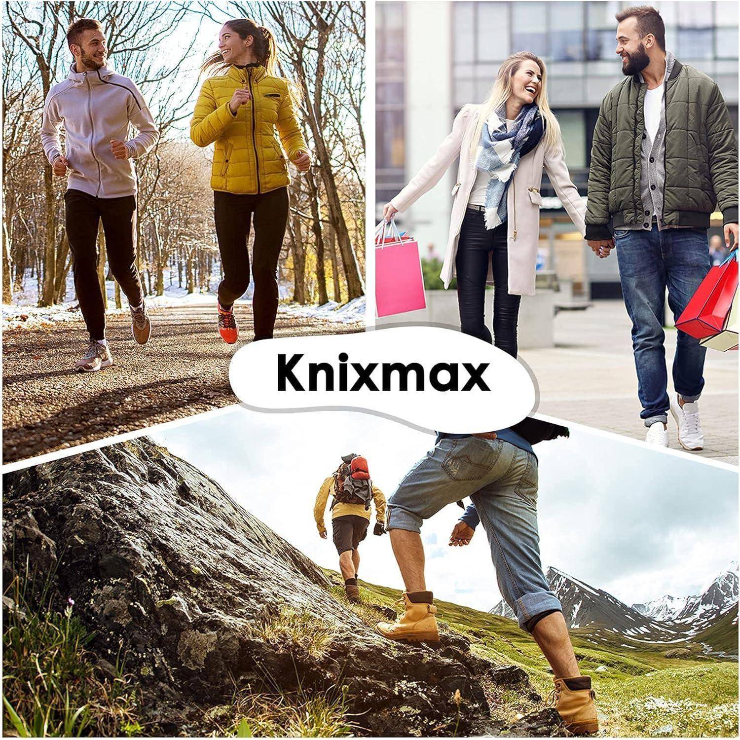 Knixmax' Collage mit drei Bildern: ein Paar beim Joggen, ein Paar beim Einkaufen und eine Person beim Wandern in den Bergen, die Outdoor-Aktivitäten zeigt.