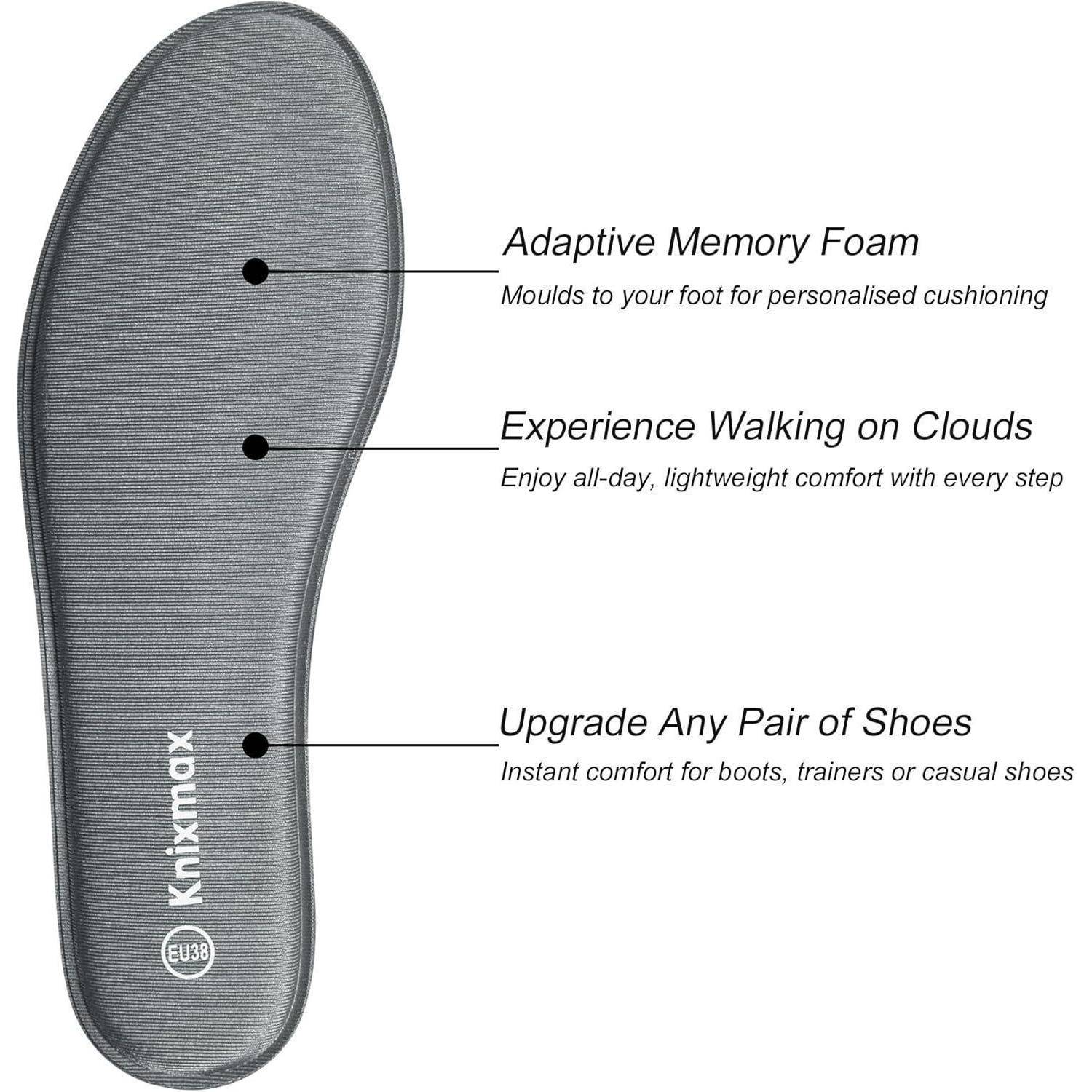 Das Bild zeigt eine Knixmax Schuheinlage mit Text: 'Adaptiver Speicherschaum', 'Erleben Sie das Gefühl, auf Wolken zu gehen', 'Verbessern Sie jedes Paar Schuhe'.